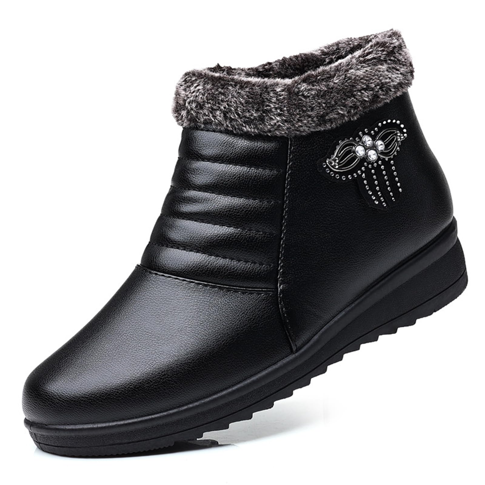 Winter Padded Warm Snow Boots For Women Comfortable Side Zipper With Rhinestone Decor Lug Sole Cotton Short Boots