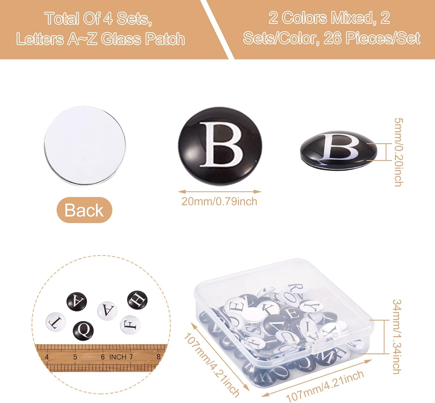 Craftdady 104pcs Letters Glass Cabochons 20mm Flatback Dome Cover with 26 Capital Alphabet Black Clear A-Z Printed Cabochons Tiles for Photo Pendant Craft Jewelry Making