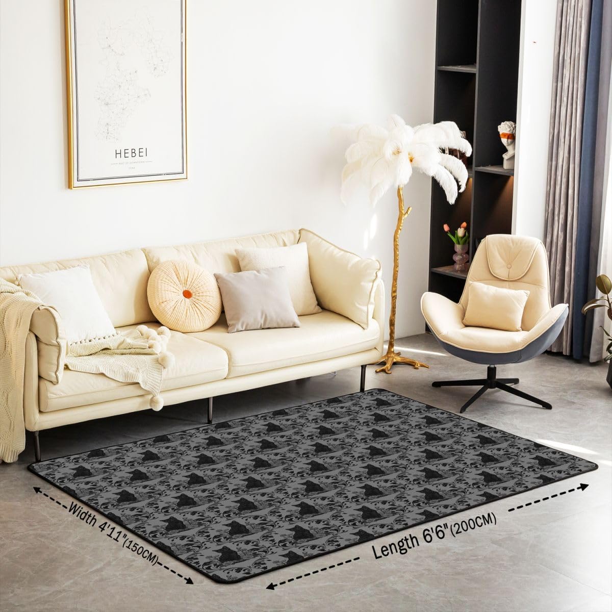 Gothic Black Cat Area Rug 3x5 Charcoal Grey Damask Rugs for Living Room | Goth Vintage Floral Washable Rug, Baroque Victorian Carpet Indoor Floor Mat