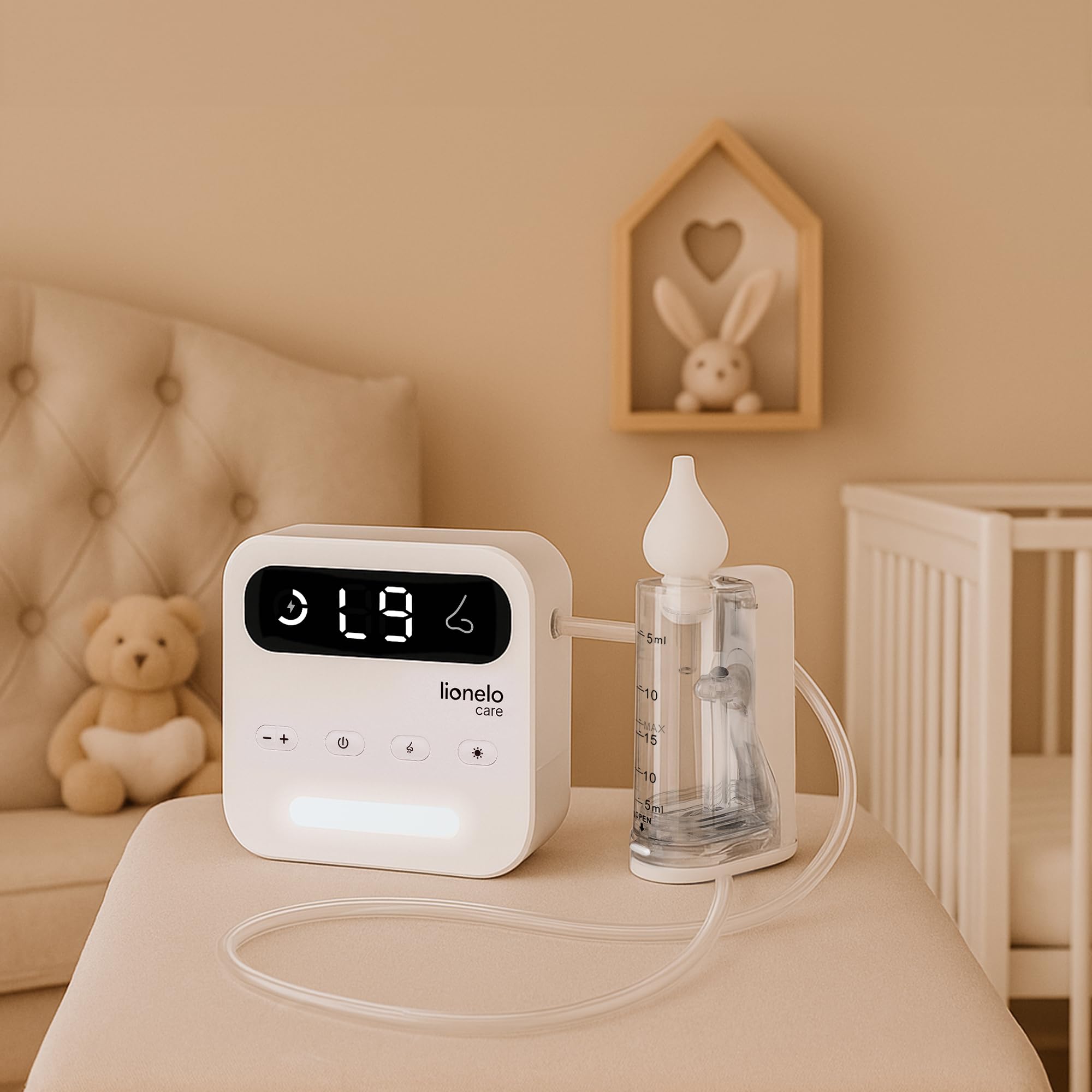LIONELO Aspiratore Nasale Elettrico per Bambini senza Fili BabyAir Flow, 9 livelli di Aspirazione, 3 Becucci, Luce Notturna, Ricaricabile, Alta Potenza, Ricarica USB-C