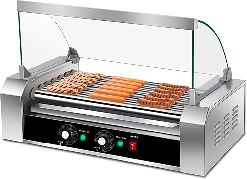 Happygrill Máquina de rodillos para perros calientes, parrilla eléctrica de salchichas con 18 perros calientes, 7 antiadherentes, bandeja de goteo