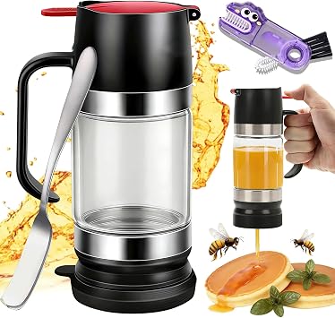 Honey Dispenser No Drip with Base, 12oz Glass Honey Dispenser with Stand, Maple Syrup Dispenser for Pancakes & Coffee, Mess-Free Honey Jar Container for Quantitative Extraction Plastic*Black