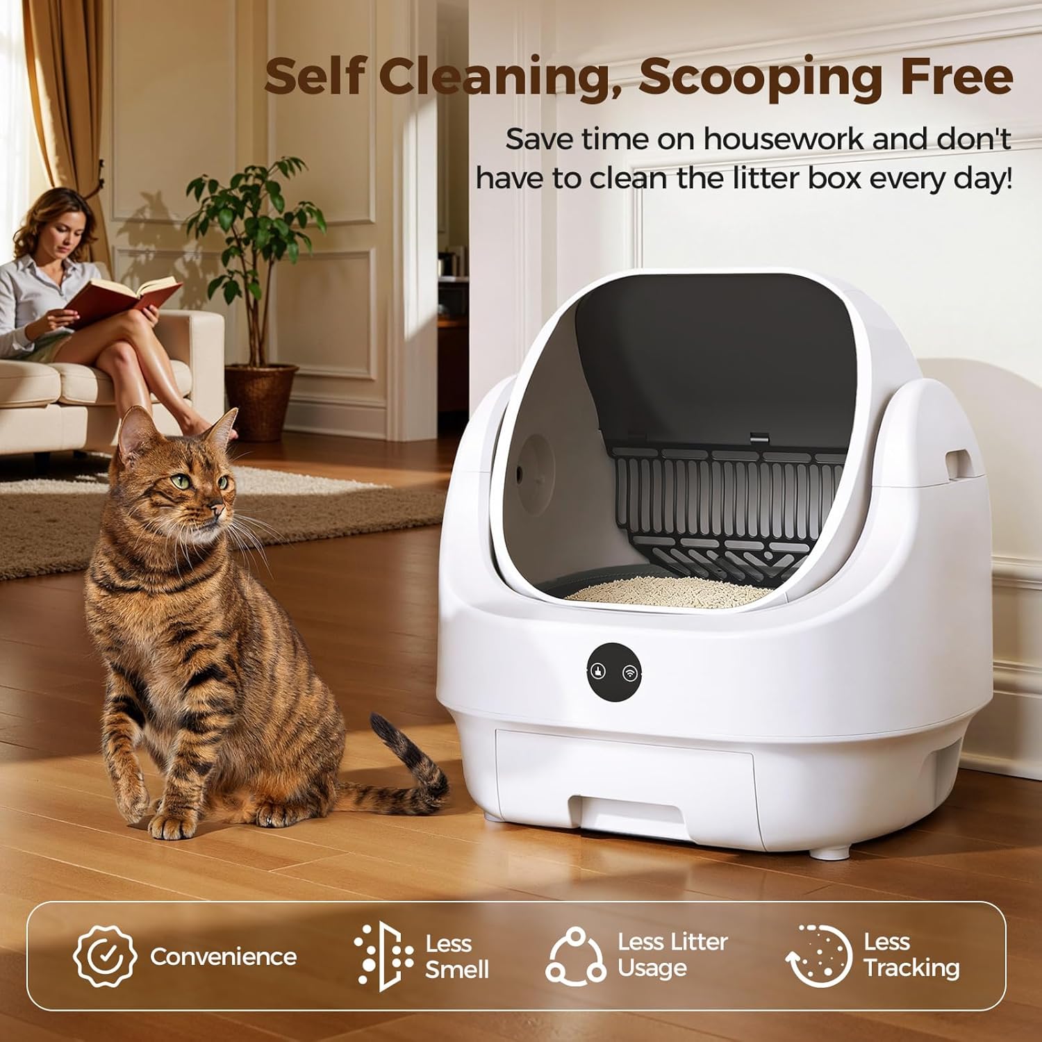 Open Top Automatic Litter Box, Odor Control, Ready to Use, Self Cleaning Litter Box, Large Capacity with APP Control and Safety Sensor, Ellenpent, with Trash Bags/Waterproof Mat/Litter Mat