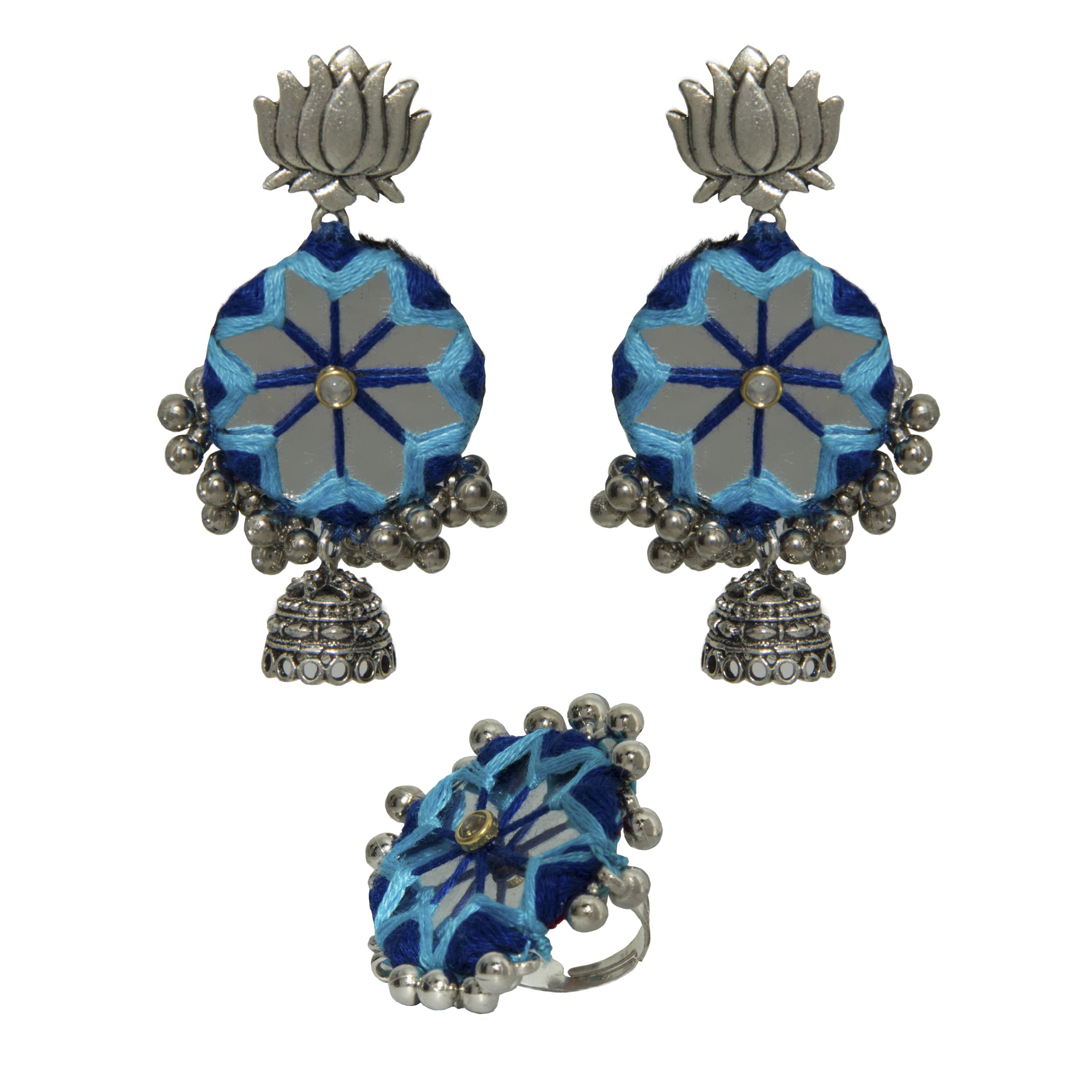 Traditional Fashion Mirror Work Fabric Earrings with Finger Ring (Black Colour and White Colour) (B0BYSDL3XV) Amazon Price History, Amazon Price Tracker