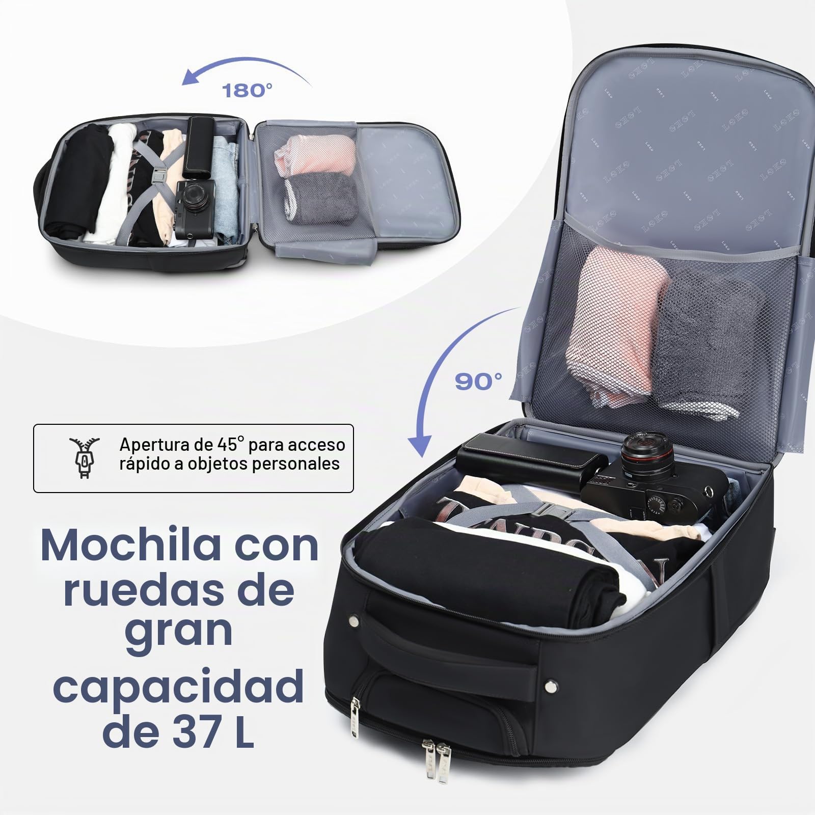 Mochila con Ruedas para Adultos - Mochila Portatil con Ruedas 17 Pulgadas, Mochila Viaje Cabina Impermeable para Hombre y Mujer, Ideal para Trabajo, Viajes y Uso Diario (Negro)
