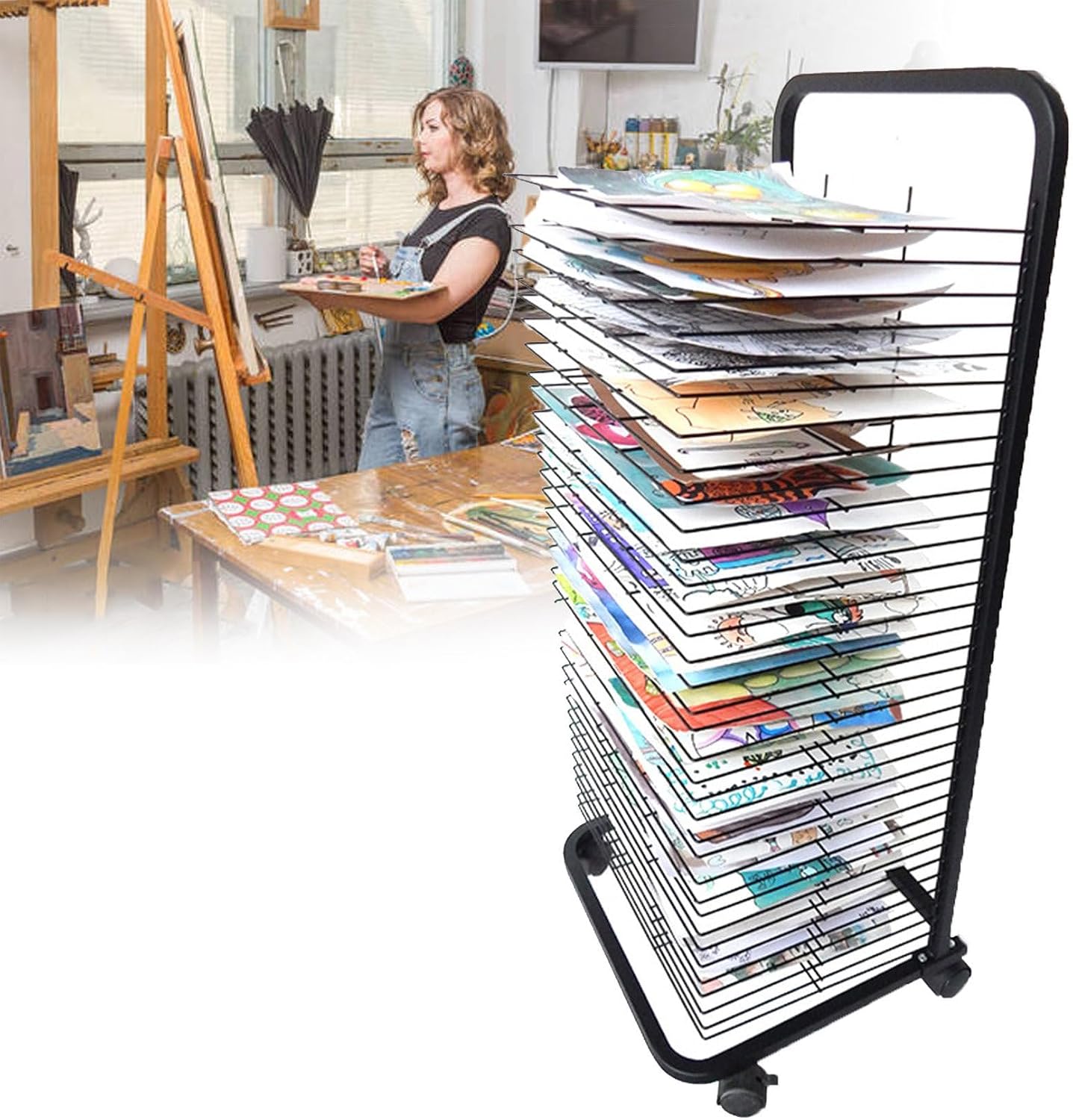 Steel Multi-Layer Art Drying Rack with Wheels - Mobile Solid Drying Shelf for Schools and Art Clubs, Ideal for Painting Crafts,25layer
