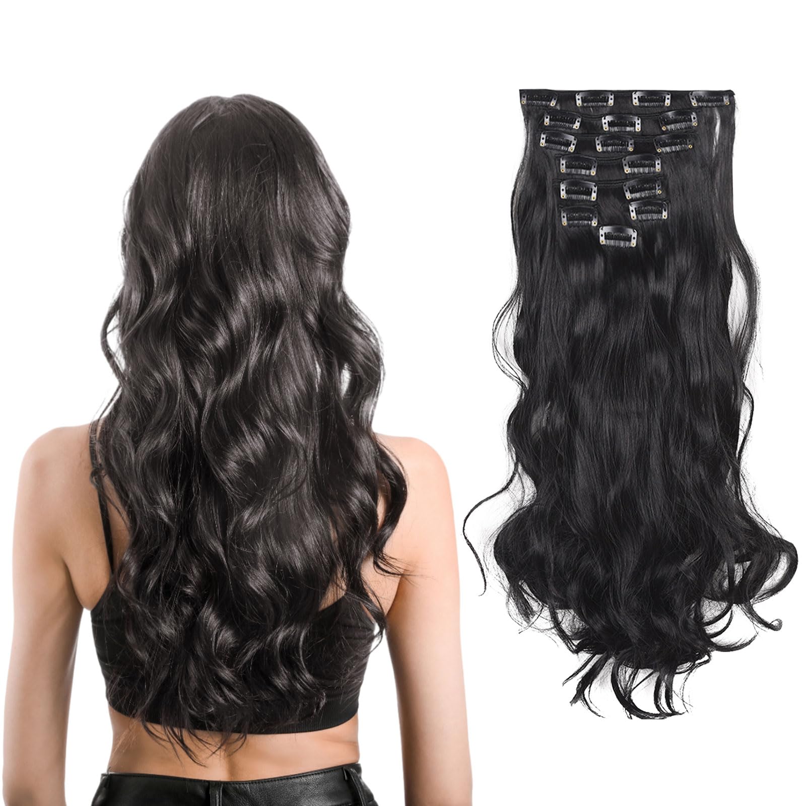 UILYNIU Extensiones de Clip de Pelo Natural Extensiones de Cabello Rizadas Postizo Largo Full Head Clip in Hair Extension Ondulado Rizado Extensión de Cabello para Mujer Trenzas Africanas (Negro)
