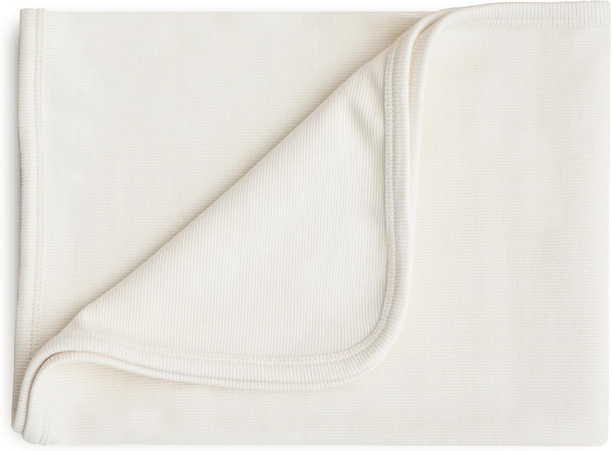 mushie Extra Soft Baby Blanket | Cotton and Elastane Ribbed Receiving Blanket, Swaddle, Stroller | 35x35 Inch (Ivory)