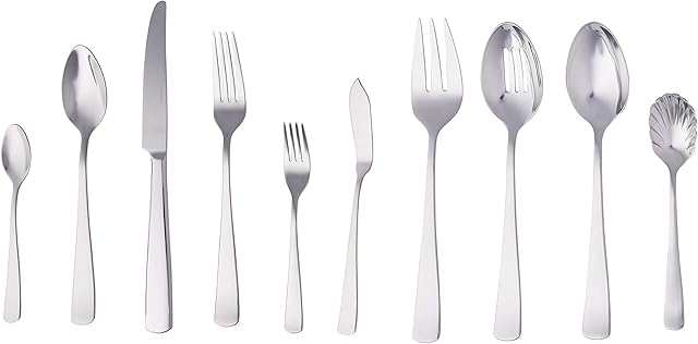 Amazon Basics 65-Piece Stainless Steel Flatware Set with Square Edge, Service for 12