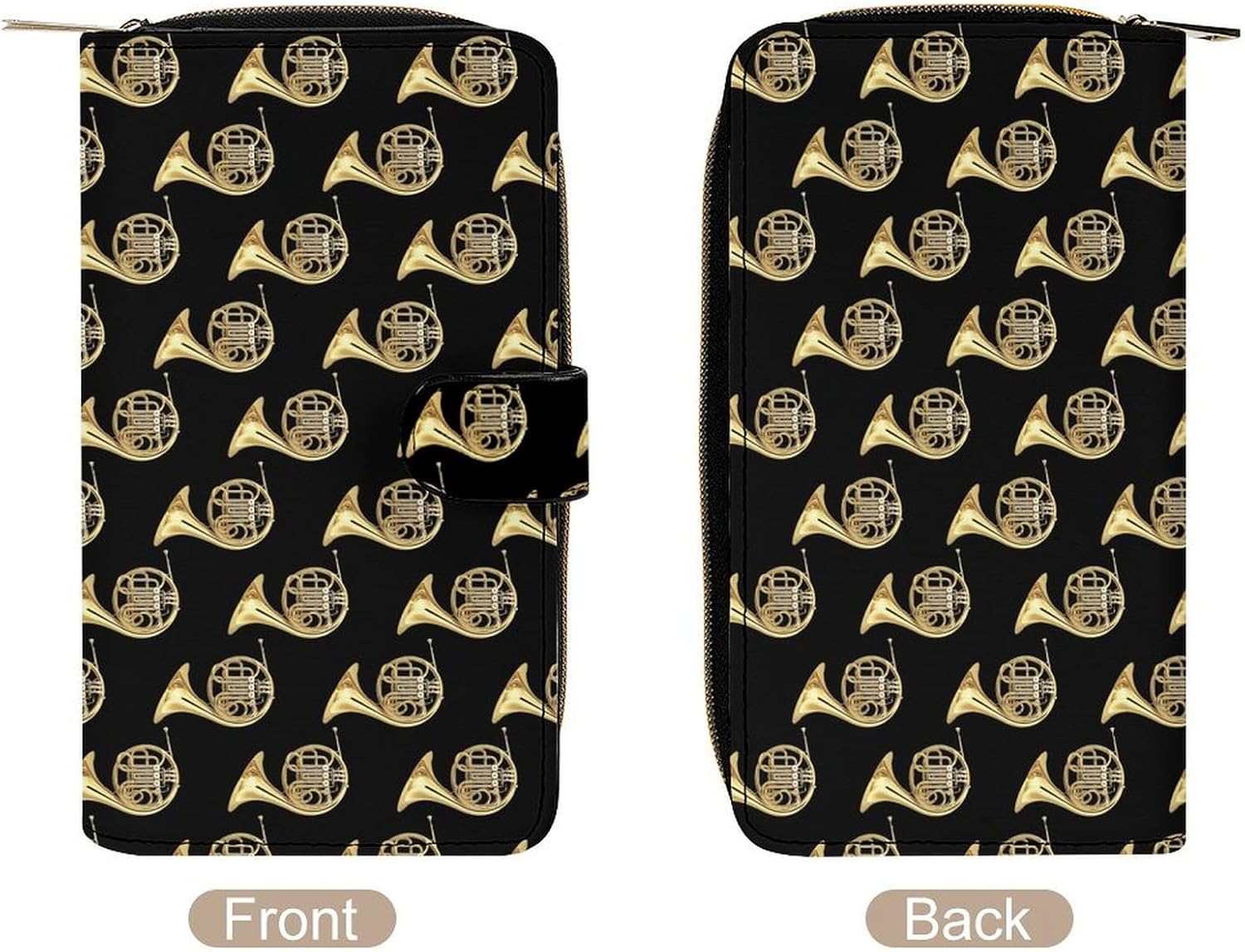 French Horns Golden Musical Instrument Black Portable Leather Multifunctional Wallet