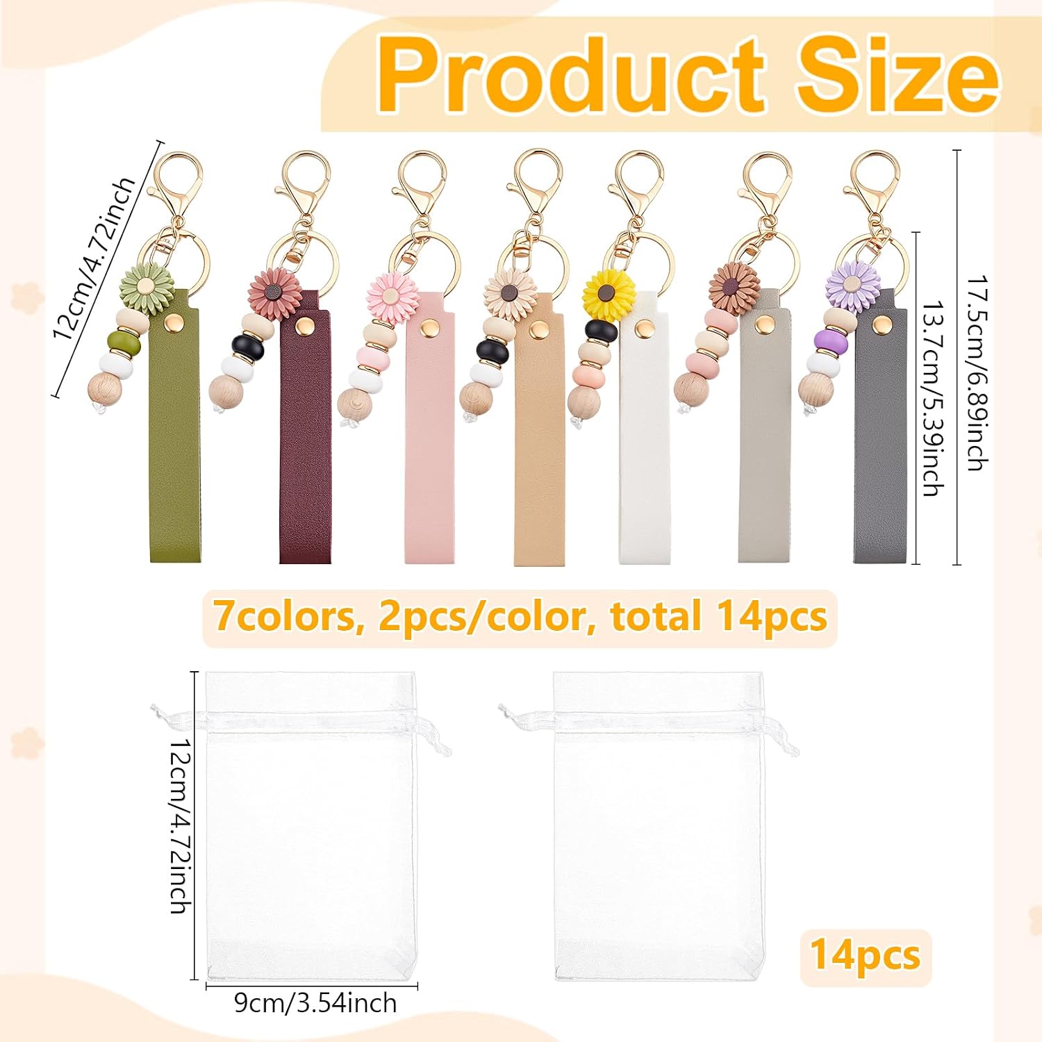 DELORIGIN 14 Sets Daisy Keychain Bulk Boho Flower PU Leather Bag Charm Blanks Engraving Blanks Keychain Kit Mixed Color Jewelry Making Kit for Wedding Birthday Party Favor