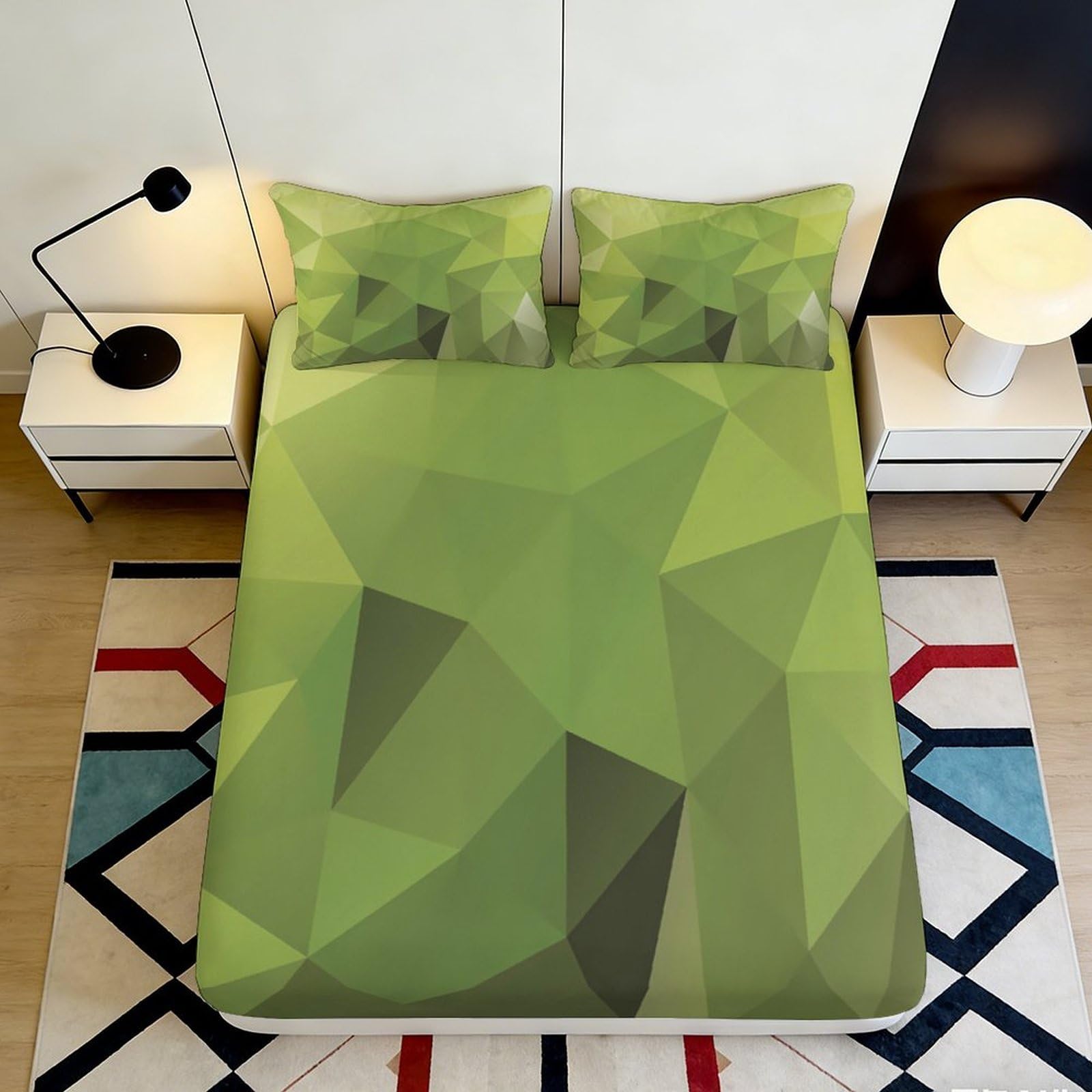 3D Printed Geometric Green Fitted Sheet Microfiber Soft Breathable Polygon Pattern Bed Sheet for Bedroom Dormitory Guest Room Mattress Protection 160x200x25cm