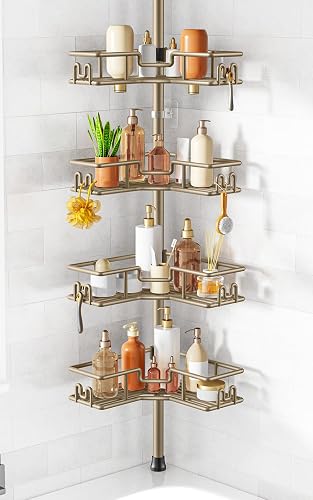 HAMITOR No-Drill Shower Rack, 4-Tier Corner Rustproof Tension Pole, Khaki