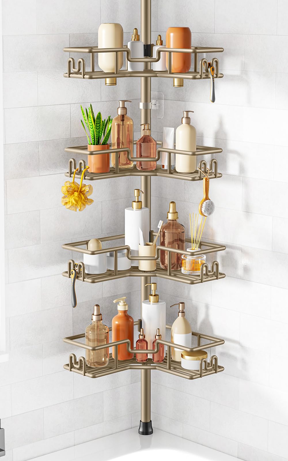 HAMITOR No Drilling Shower Rack: Tension Pole Corner Bathroom Accessories with Hooks - 4-Tier Adjustable Rustproof Shelves - Renter-Friendly Space-Saving Caddy for Family & Apartment 47-123 Inch Khaki