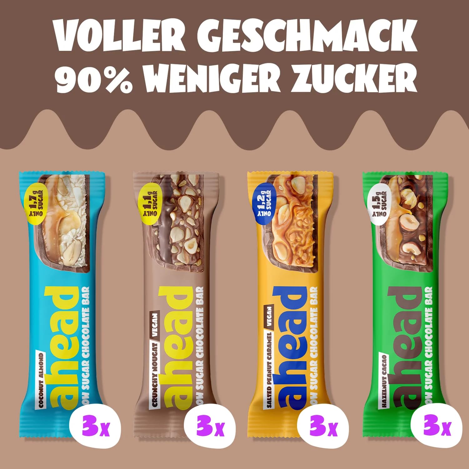 AHEAD Schokoriegel Probierpaket 2.0 |12x Keto Riegel – max. 1,7g Zucker* & 6g Net Carbs Pro Riegel | Low carb Süßigkeiten | Schokolade ohne Zuckerzusatz | Keto Schokolade