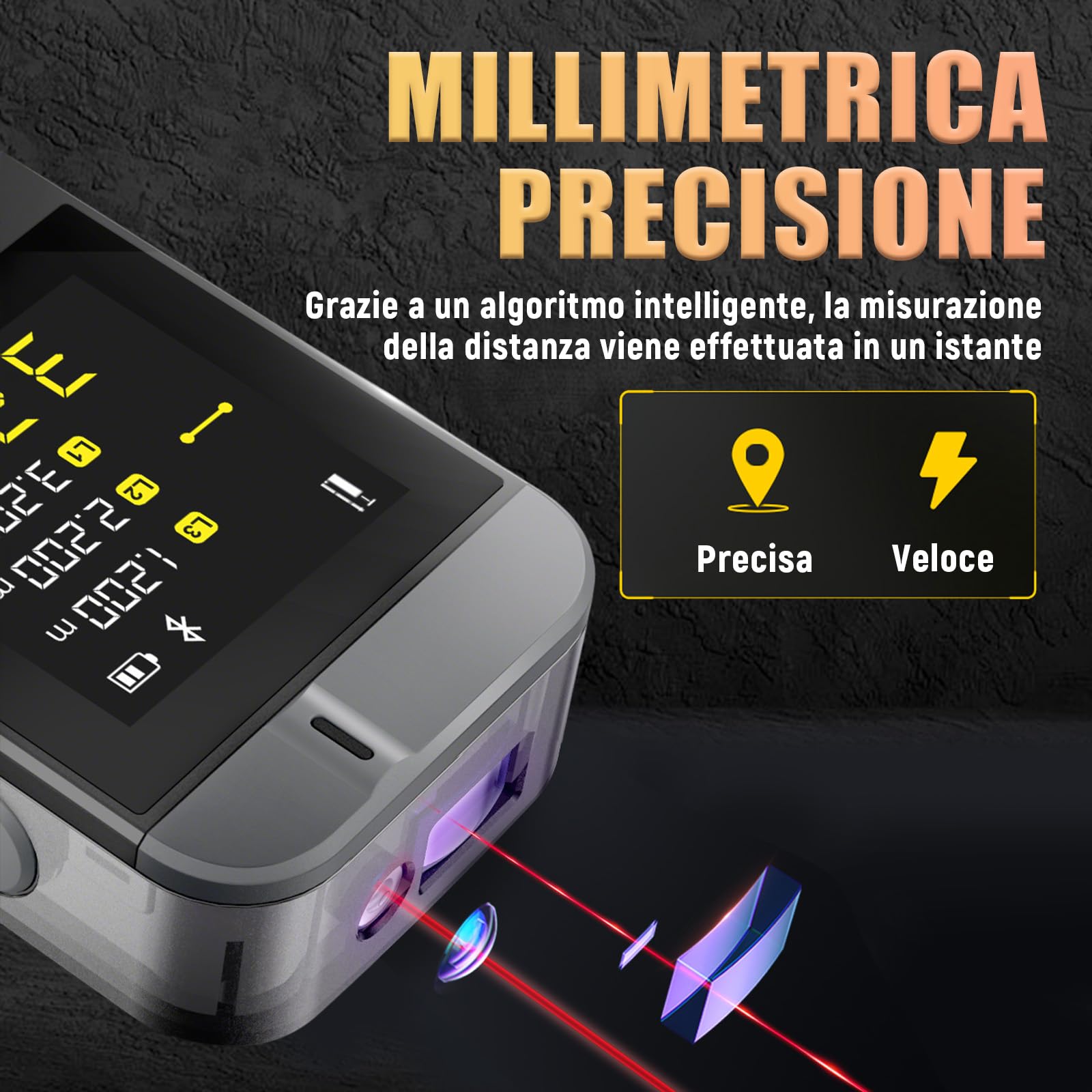 Metro Laser IR40 40m, Precisione ±2mm, Misuratore Laser Distanza con Bluetooth, Display Auto-Rotante, 8 Modalità, Batteria Ricaricabile, per fai-da-te, Misura Distanza, Superficie, Volume e Altezza