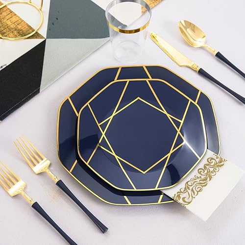 Miniatura 7 de PULOTE 140 platos de plástico azul con borde dorado, incluye 20 patines, 20 platos de postre, 60 cubiertos de plástico dorado, 20 tazas, 20