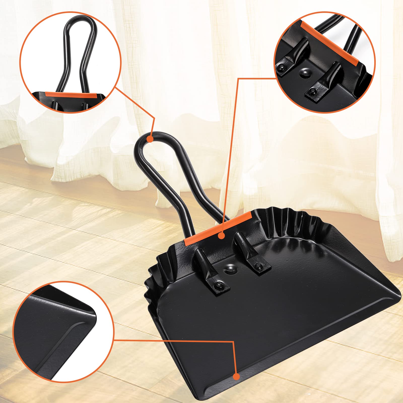TOPZEA Paquete de 2 recogedores de metal negro, bandeja de polvo de acero resistente de 12 pulgadas con asa, recogedor ancho para interiores, exteriores, chimenea, uso industrial y comercial