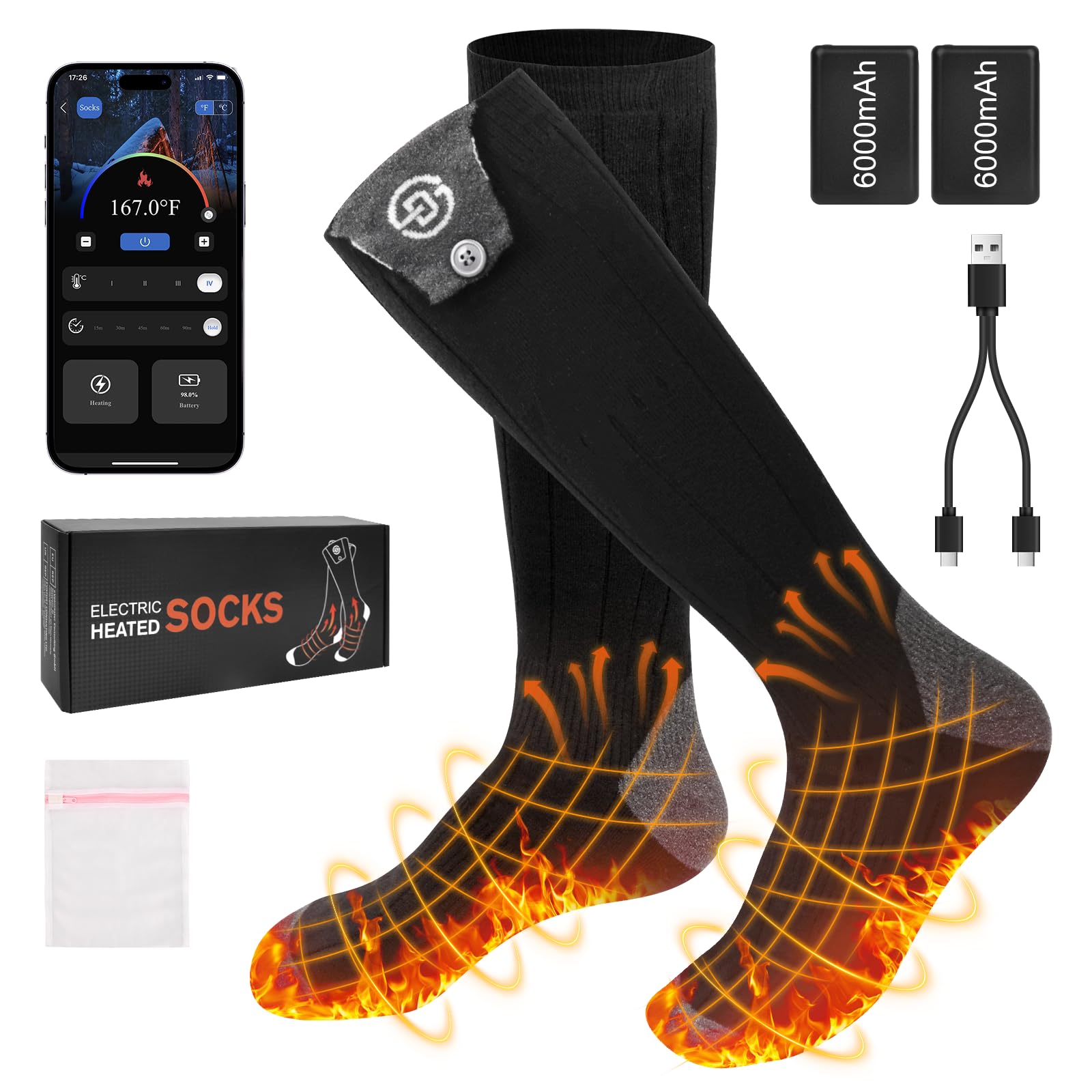 Heated Socks for Men Women, 6000mAh Rechargeable Battery Electric Heating Socks with APP Control Washable Winter Warm Socks for Foot Warmer Outdoor Fishing Hunting Ski Cycling Hiking Camping