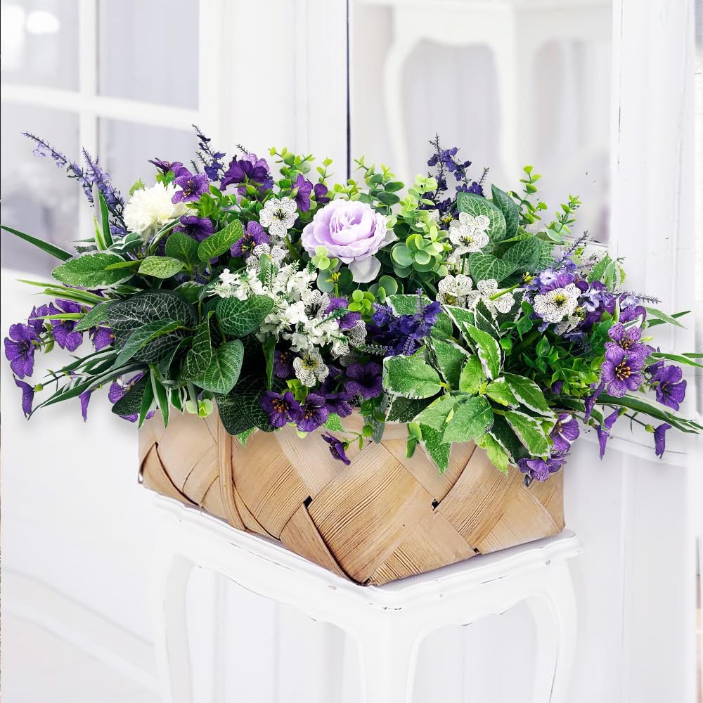 24Pcs Artificial Plants for Outdoor Faux Greenery & Flowers with Plastic Leave UV Resistant Fake Stems for Indoor Outside Garden Porch Window Box Home Décor