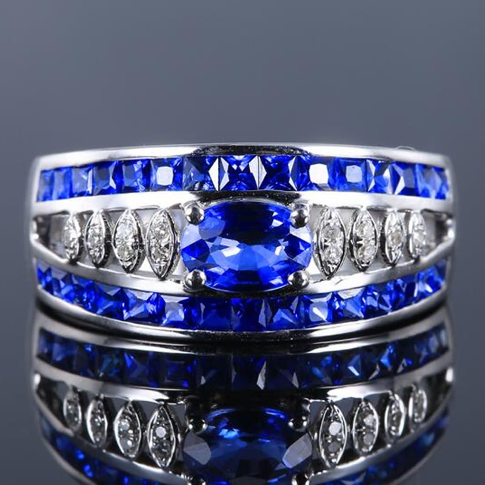 Anillo Compromiso Oro Blanco 9 Kilates / 14 Kilates / 18 Kilates Mujer, Oval con Zafiro Creado de 1.5ct y Moissanita, Anillos Mujer Eternidad Plata Azul