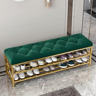 Zapatero de metal con asiento de terciopelo de gran capacidad para almacenamiento de zapatos para entrada, muebles modernos para pasillo, color verde, 39 x 12 x 18 pulgadas