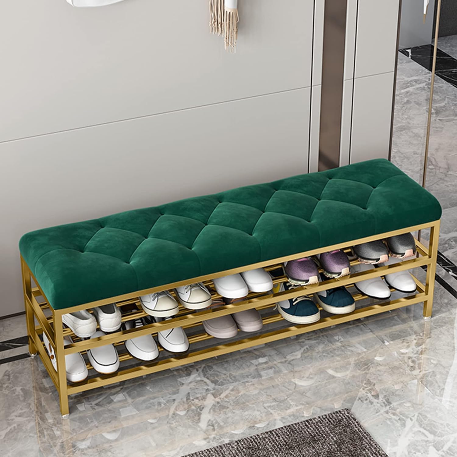 MSHGSKU Luxury Velvet Shoe Rack Bench Large Capacity Entryway Storage Modern Upholstered Hallway Furniture Green Shoe nizer 80x35x46cm (31x14x18inch)