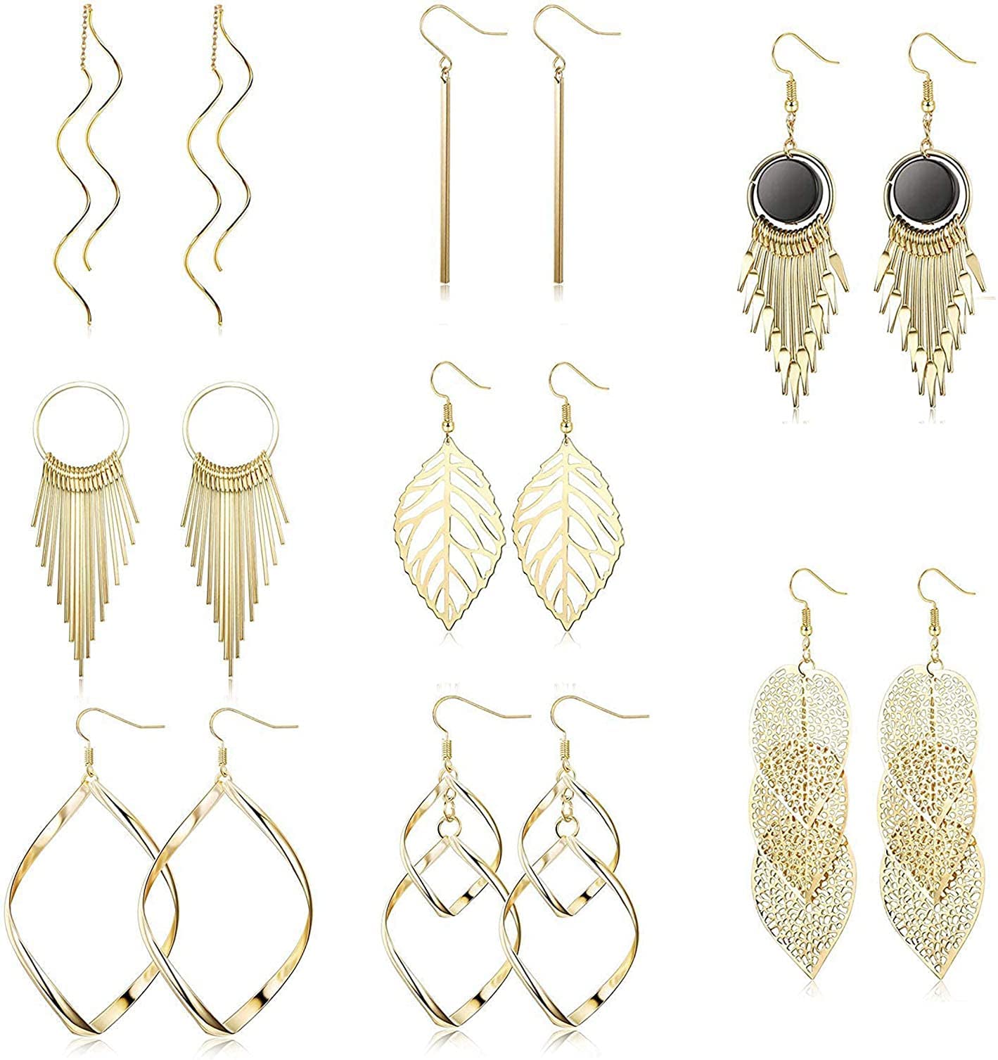 JeweBella8 Pares Pendientes Colgantes para Mujer Niña Plata/Oro Pendientes Hipoalergenicos Largos Pendientes de Borla Hoja Ola Pendientes Joyería de Moda