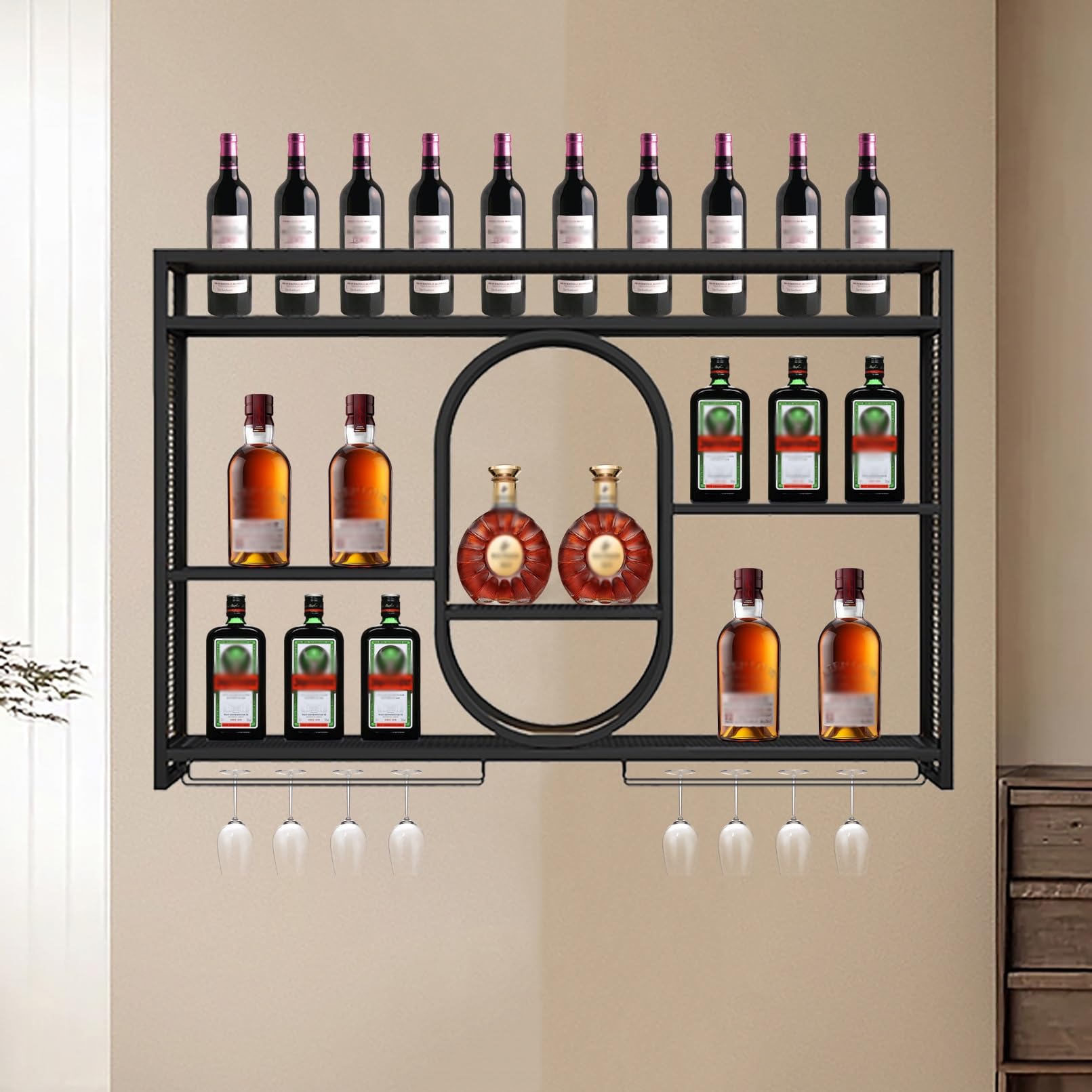 Présentoir à vin mural haut de gamme avec porte-verres suspendu et LED