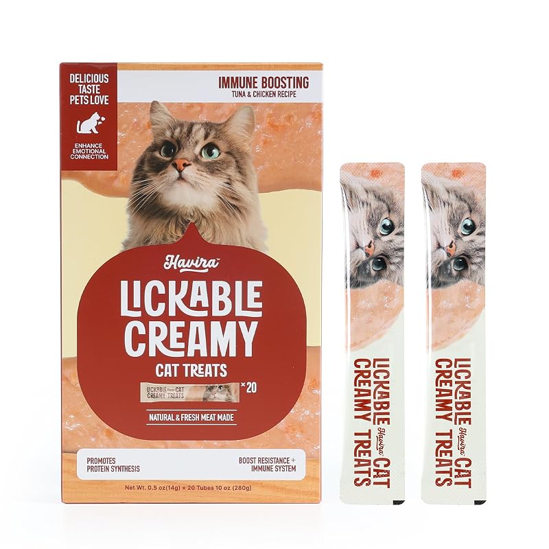 Petisco cremoso e lamível para gatos Havira com atum, frango, taurina e lactoferrina, pacote com 20 unidades
