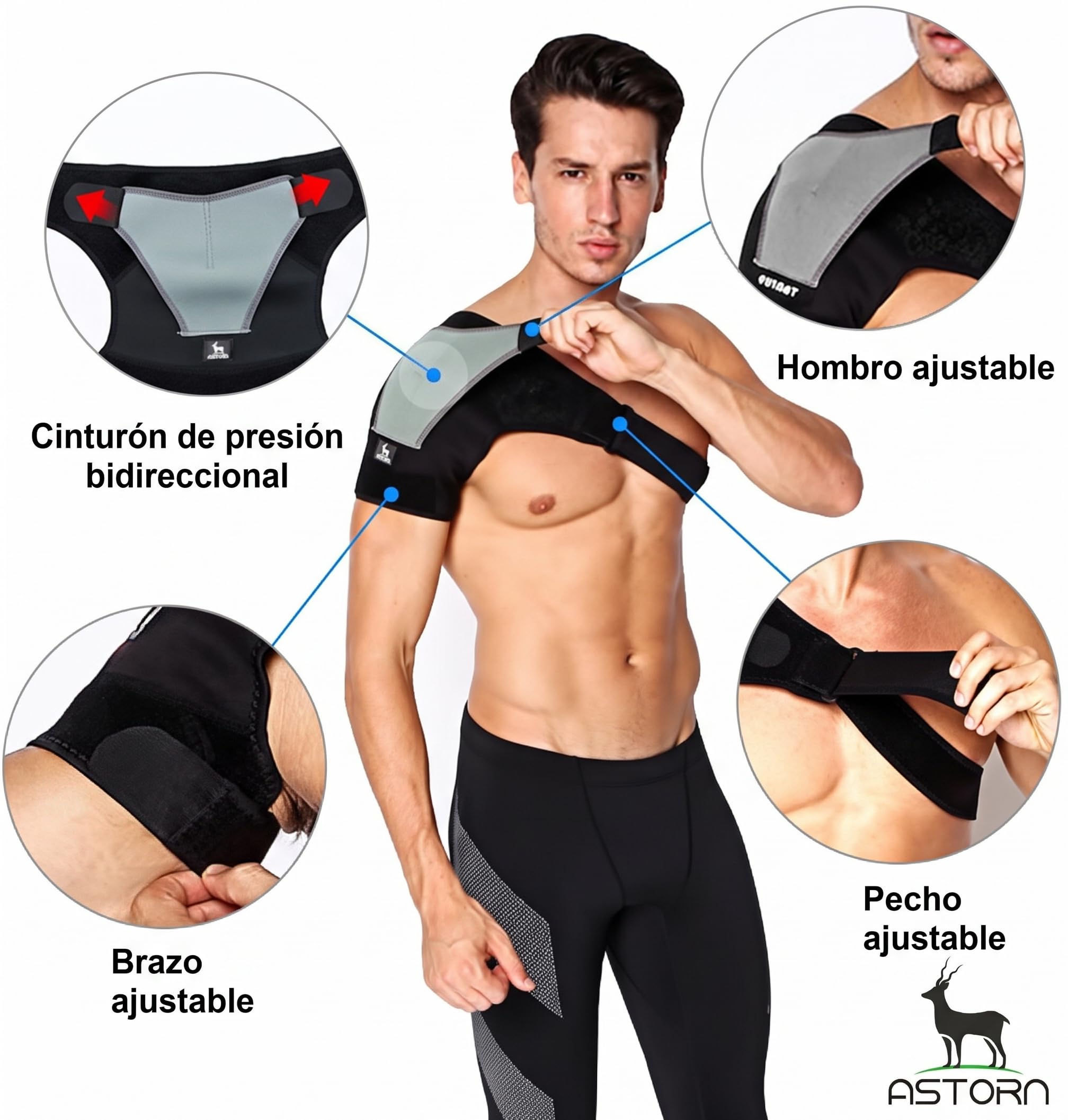 Astorn Soporte para Hombro Ajustable con Compresión Bidireccional y Neopreno Transpirable - Hombrera Ortopédica Unisex para Hombro Izquierdo o Derecho, Talla S/M con Velcro y Hebilla de Ajuste