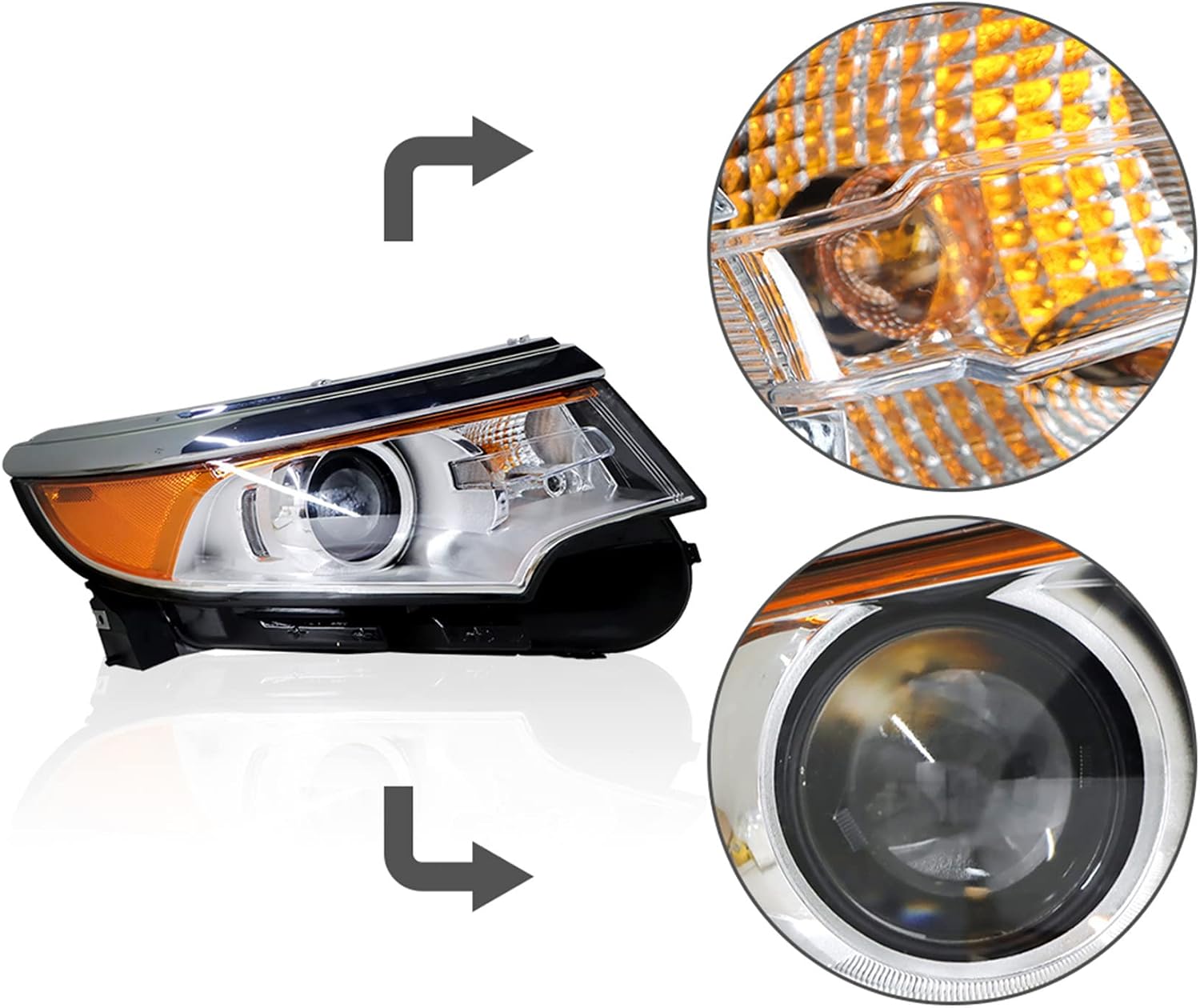 Headlight Assembly FO2502291 Left Side Headlamp Chrome Projector Replacement for Edge 2011-2014