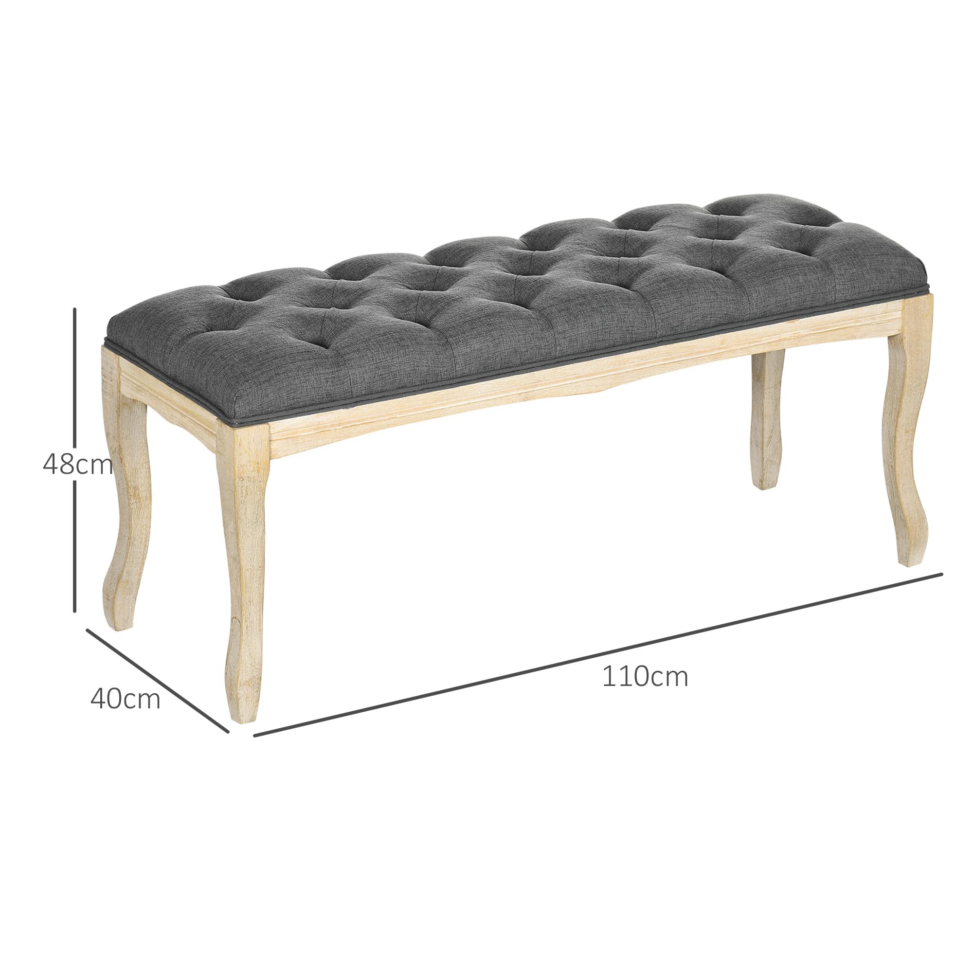HOMCOM Panca imbottita stile classico, 110 cm, con testiera imbottita in lino, base in legno di Hevea intagliato, lino, grigio