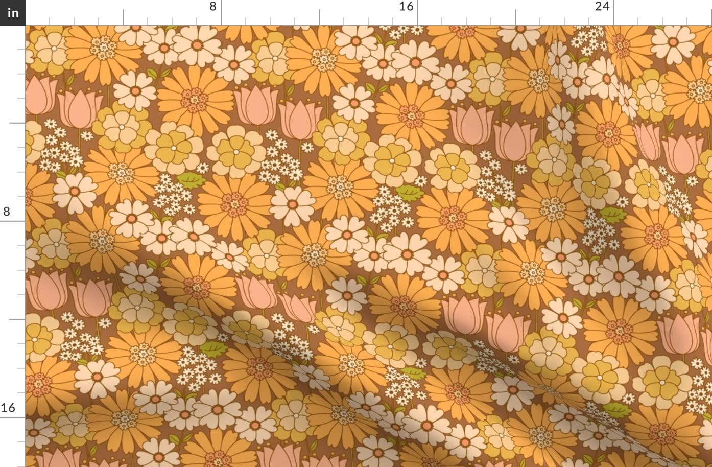 Spoonflower Fabric - Orange Floral Retro Flower Vintage Nostalgia Mustard Seventies Printed on Organic Cotton Sateen Fabric by The Yard - Sewing Quilting Apparel Home Decor