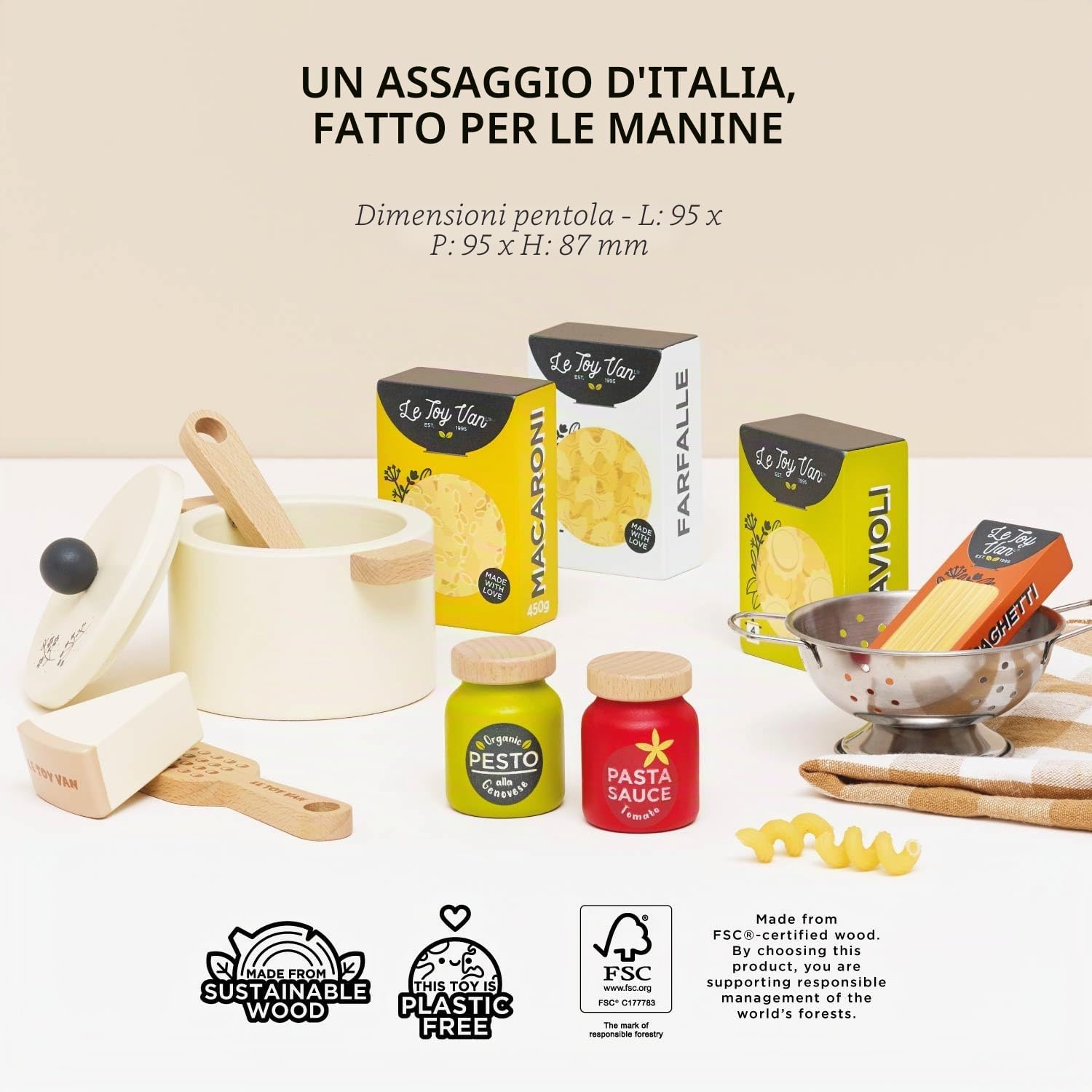 Le Toy Van Cibo giocattolo per bambini, in legno, dai 2 anni, gioco di ruolo per bambini, set pasta 12 pezzi, accessori cucina giocattolo, legno FSC ecologico