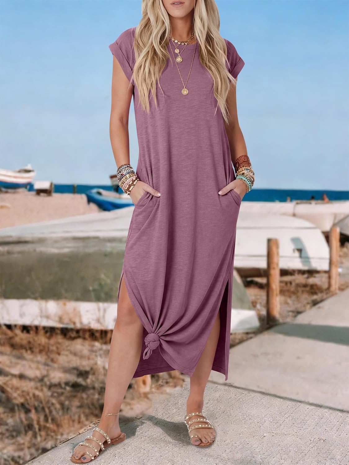 ANRABESS Women Summer Maxi Dress 2026 Casual Loose Cap Sleeve Crewneck Split Beach Vacation Long Sundress with Pockets - Image 5