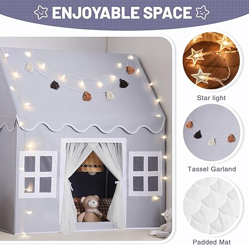 Miniatura 10 de Tienda de campaña para niños en el interior: con alfombra, guirnalda de borlas, luces de estrella, tienda de campaña para niñas pequeñas, casa