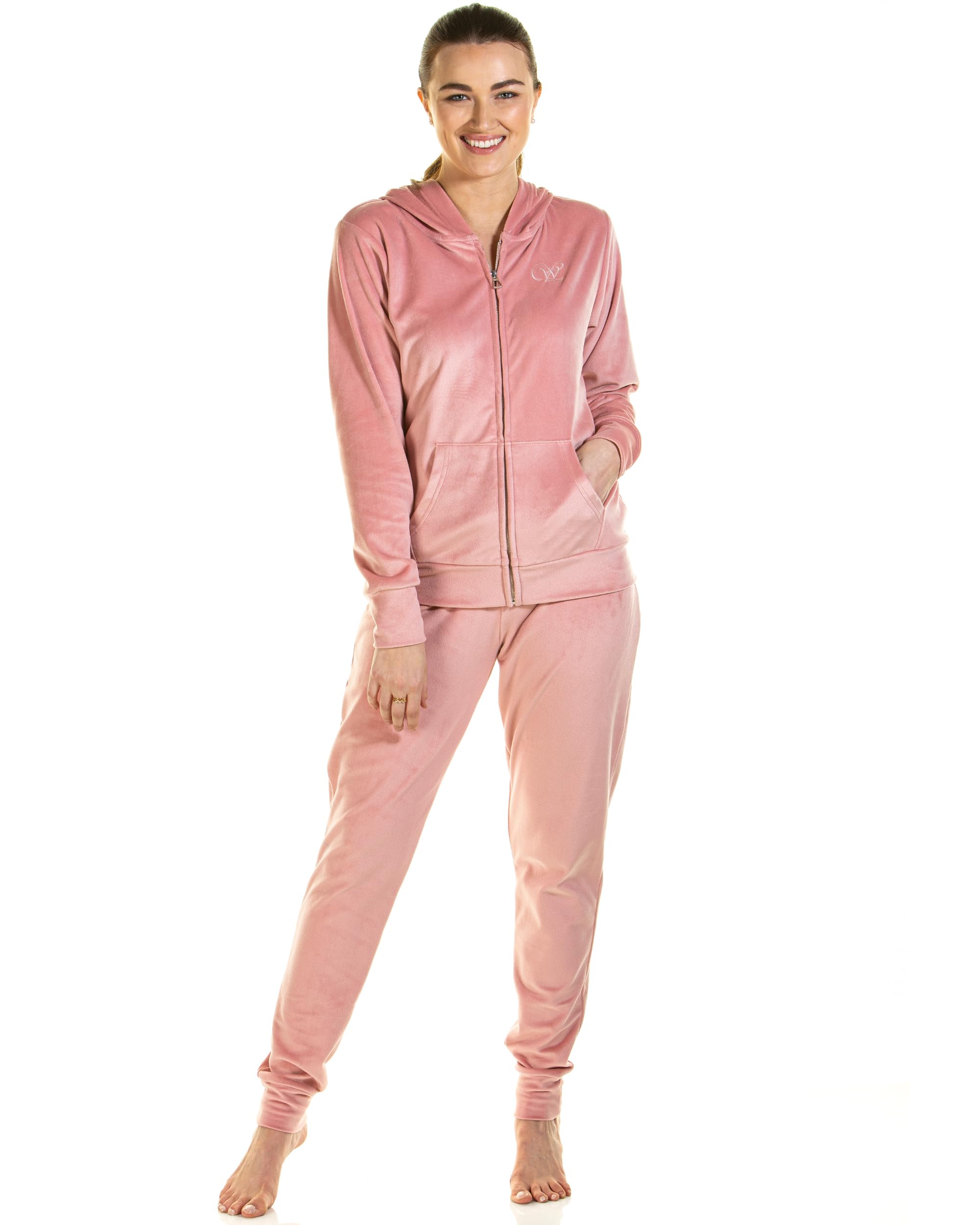 Wysteria Lane Women's Pink Velour Plush Knit Hooded Lounge Set L (Uk 12/14 - Eu 40/42)