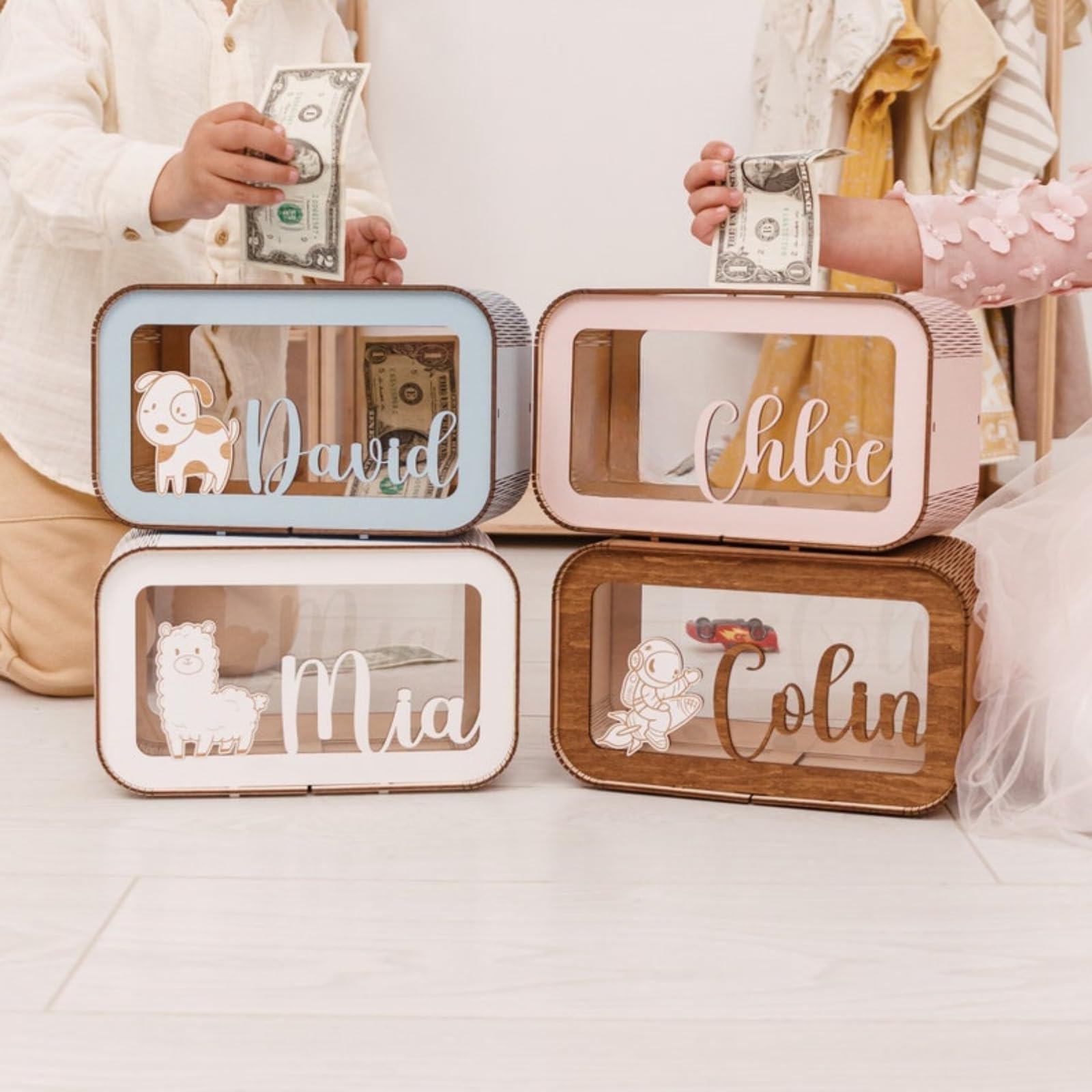 Hucha personalizada para niños, hucha para niños con nombre, regalo para bebé niña, bonita caja de ahorro, alcancía de madera para niños, regalo para cumpleaños, Navidad, baby shower (23,5 x 13,9 x 9