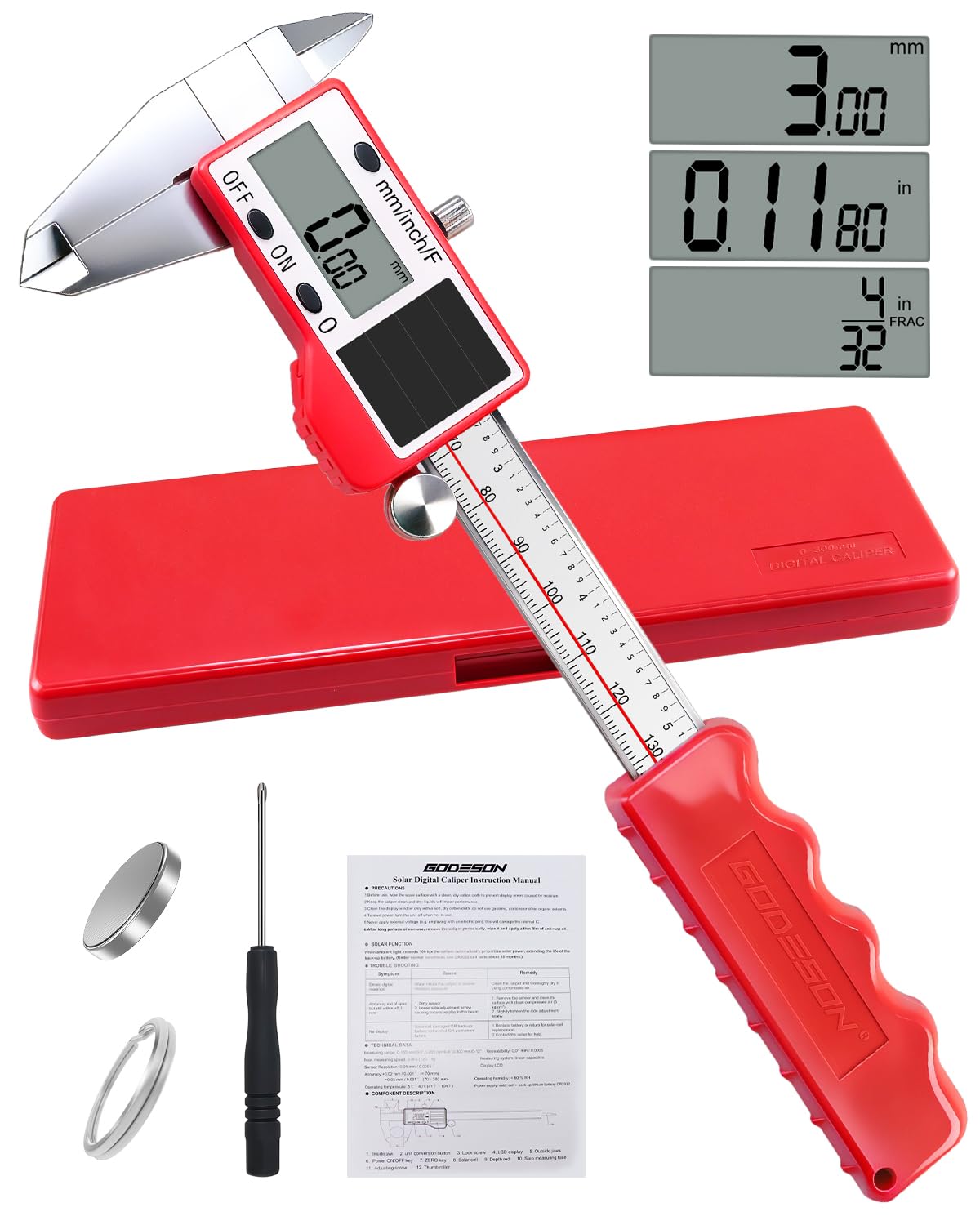 GODESON Calibrador digital alimentado por energía solar, calibradores digitales de 6 pulgadas con precisión de 0.000 pulgadas, acero inoxidable, 3 unidades/mm/fracción, 5 modos incluyendo diferencial