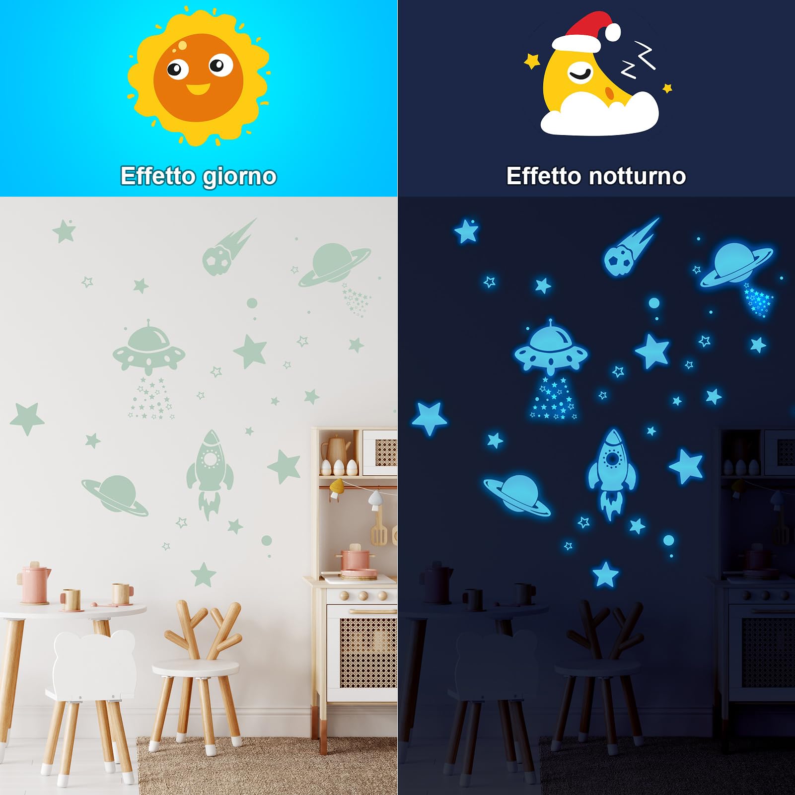 1503pz Stelle Fluorescenti Adesive Soffitto, Luna e Astronauti Adesivi luminescenti, Stelle luminose Adesivi murali per la decorazione della stanza dei bambini (Blu)