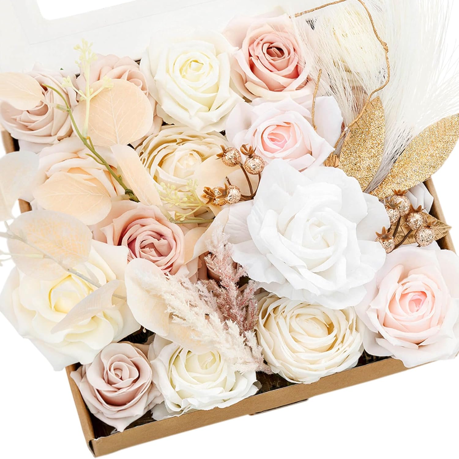 Ling's Moment White and Beige Artificial Flowers and Greenery Combo Box Set, Neutral Fake Flower for DIY Wedding Bridal Bouquet, Centerpieces Decor, Floral Arrangement Decor, etc.