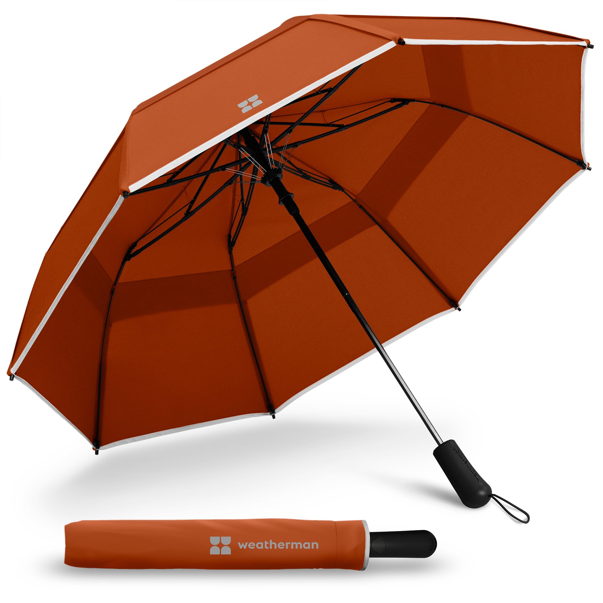 Weatherman Premium Collapsible Travel Umbrella - Windproof, Compact, Easy Auto Open - Resists Up to 55 MPH Winds - Perfect for Rain, Wind, Backpack, Car - Folding Umbrella (Rusty Orange)
