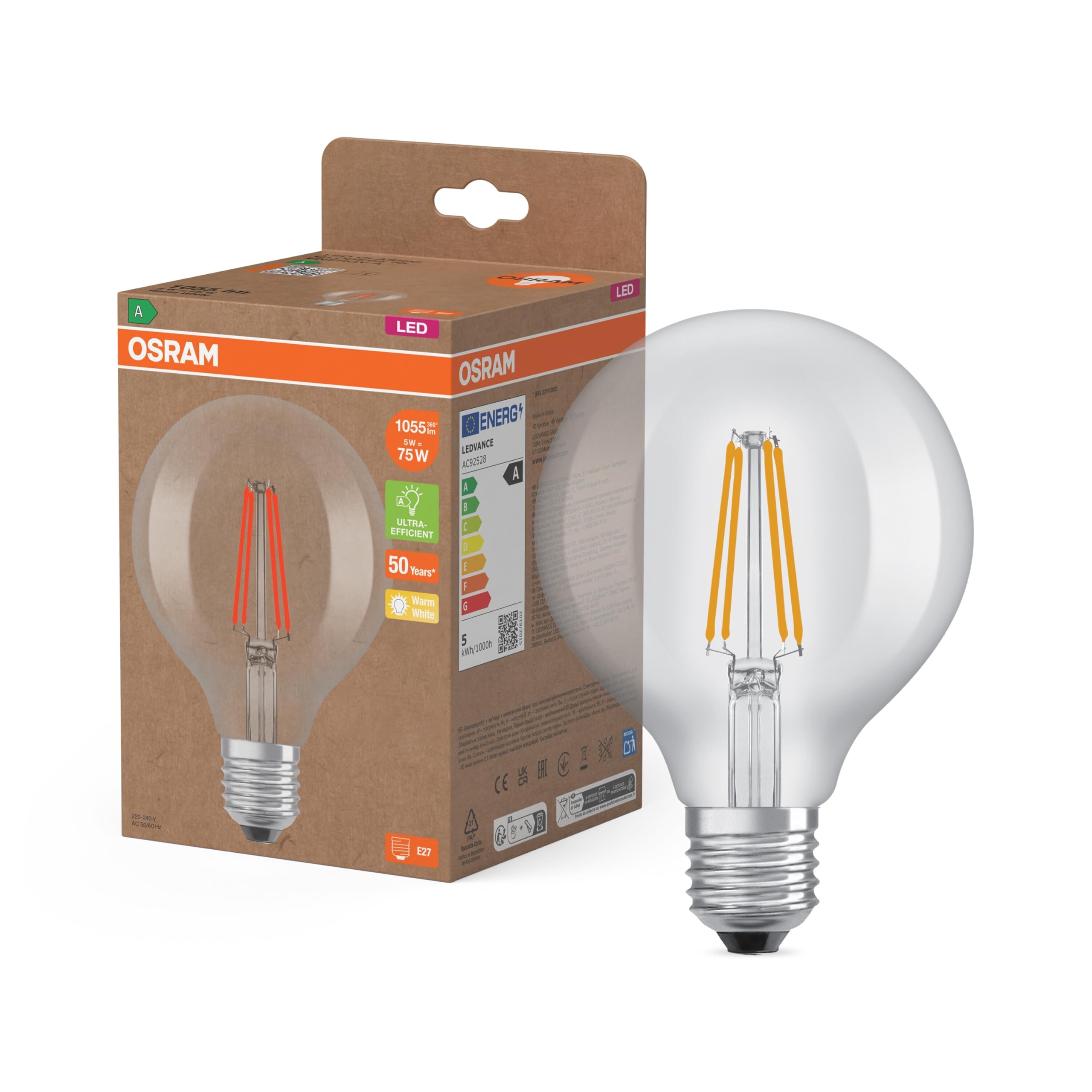 OSRAM Classic Edison Shape, with Decorative LED Filament, Energy Efficiency Class A, E27, 5 W, 1055 lm, 4000 K, Cool White, Without Heating, 100% immediate Illumination. — image 1