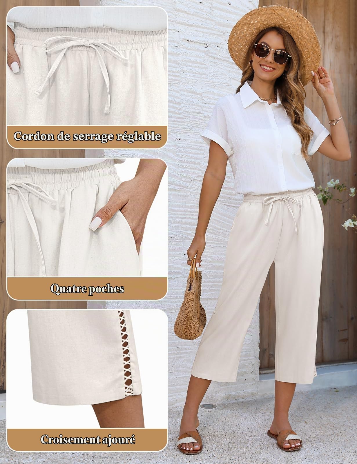 Voqeen Pantalon Lin Femme Pantacourt Été Taille Élastique Et Cordon De Serrage Pantalon Corsaire Léger avec Poches Short Lin Décontracté Pantalon 3/4 Creux pour Femmes