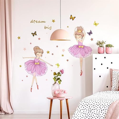 2 calcomanías coloridas de pared de bailarina, calcomanías de pared para despegar y pegar, decoración de papel tapiz de estrellas de mariposa para
