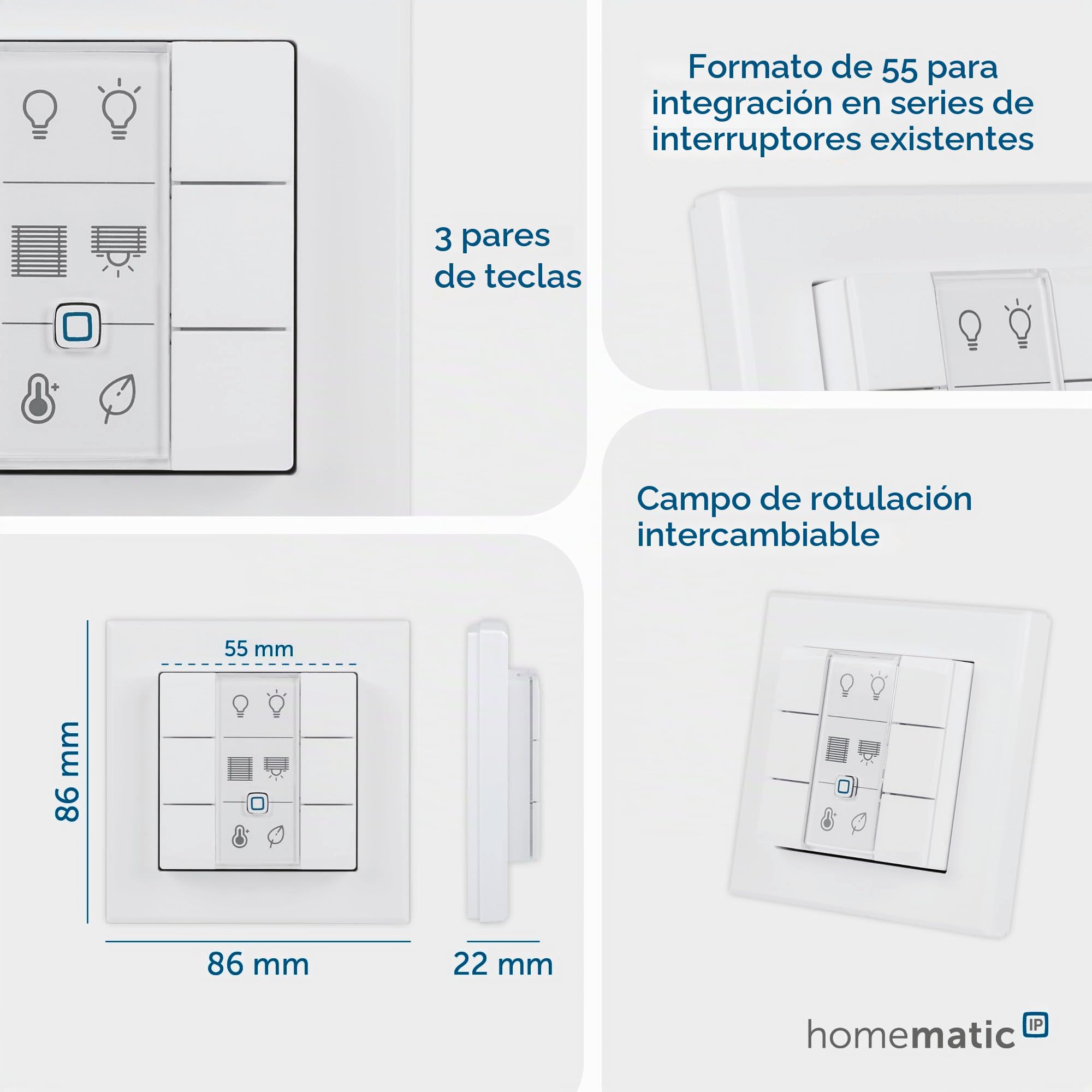 Homematic IP Smart Home 142308A0 - Pulsador de pared de 6 enchufes, interruptor de pared, 6 botones, accesorios para su Homematic IP Smart Home, uso universal, cambia actuadores y termostatos