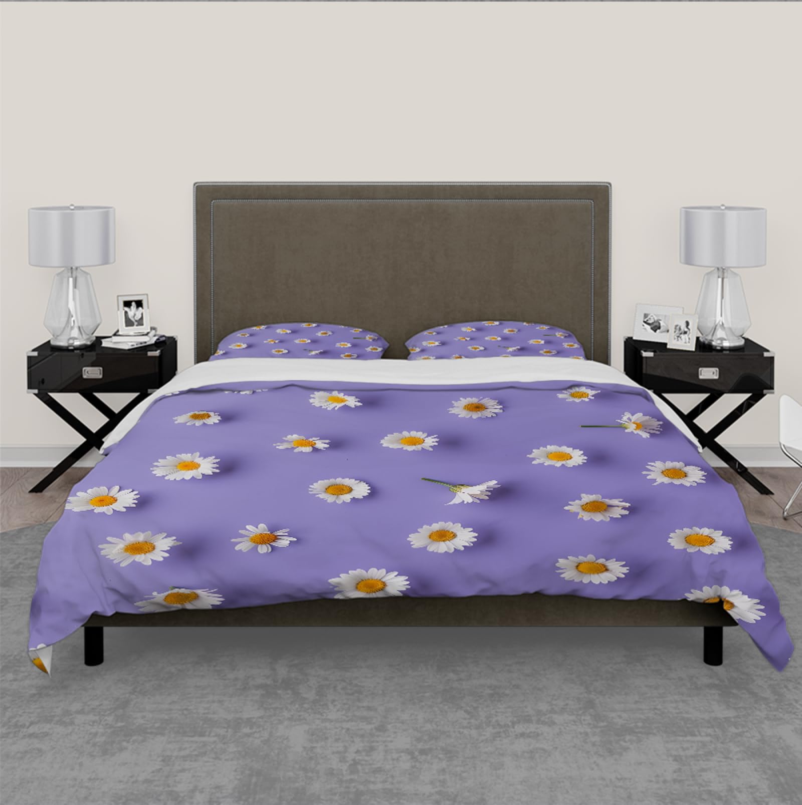 Comfort Purple Komplet pościeli, 3 sztuki, elegancka, piękna, biała, stokrotka, 2 poszewki na poduszkę na cały sezon, Home Decor 220 x 240 cm