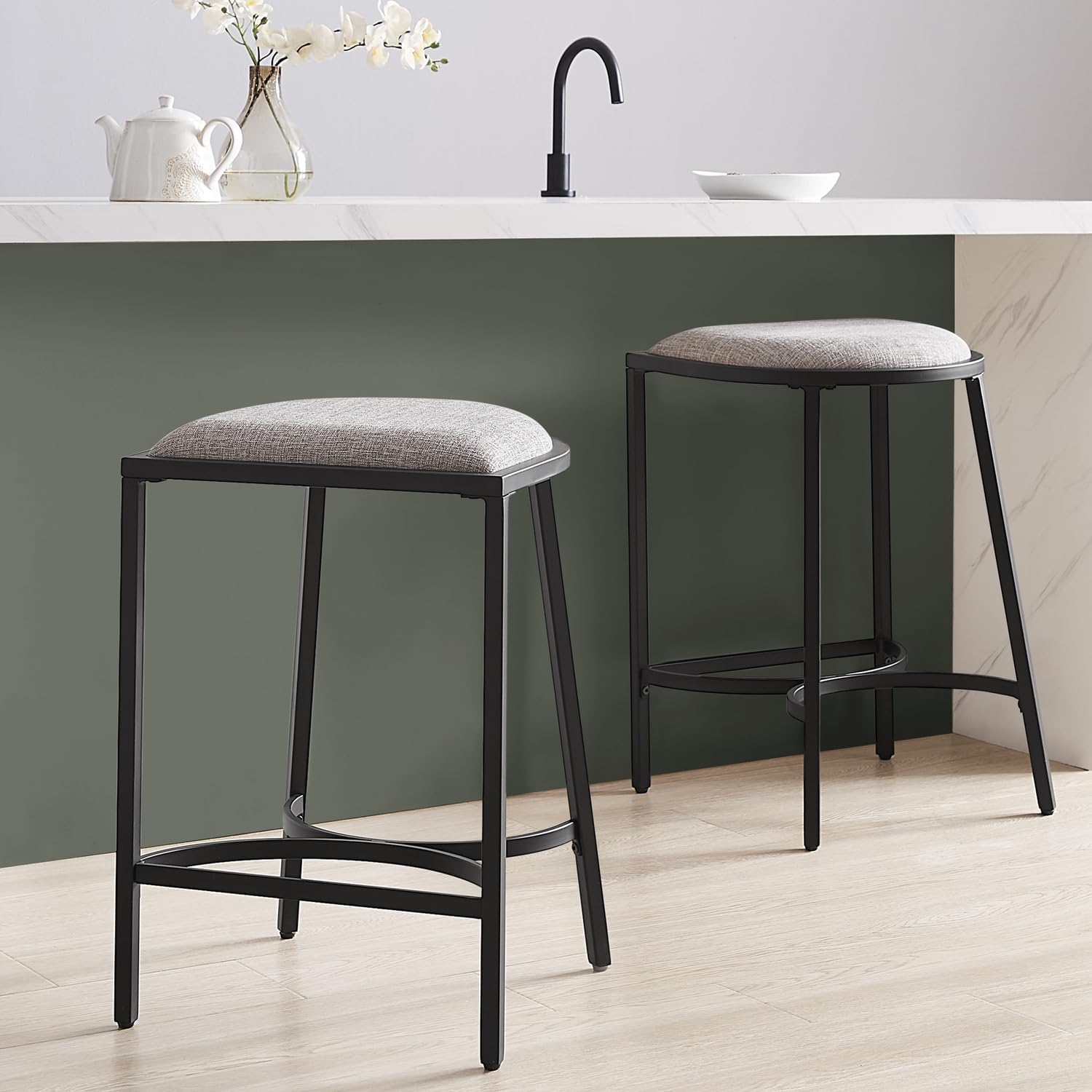 HomeStock Counter Stools Set of 2 - Modern Bar Stools, Gray Linen Upholstery, Stylish Kitchen & Dining Seating