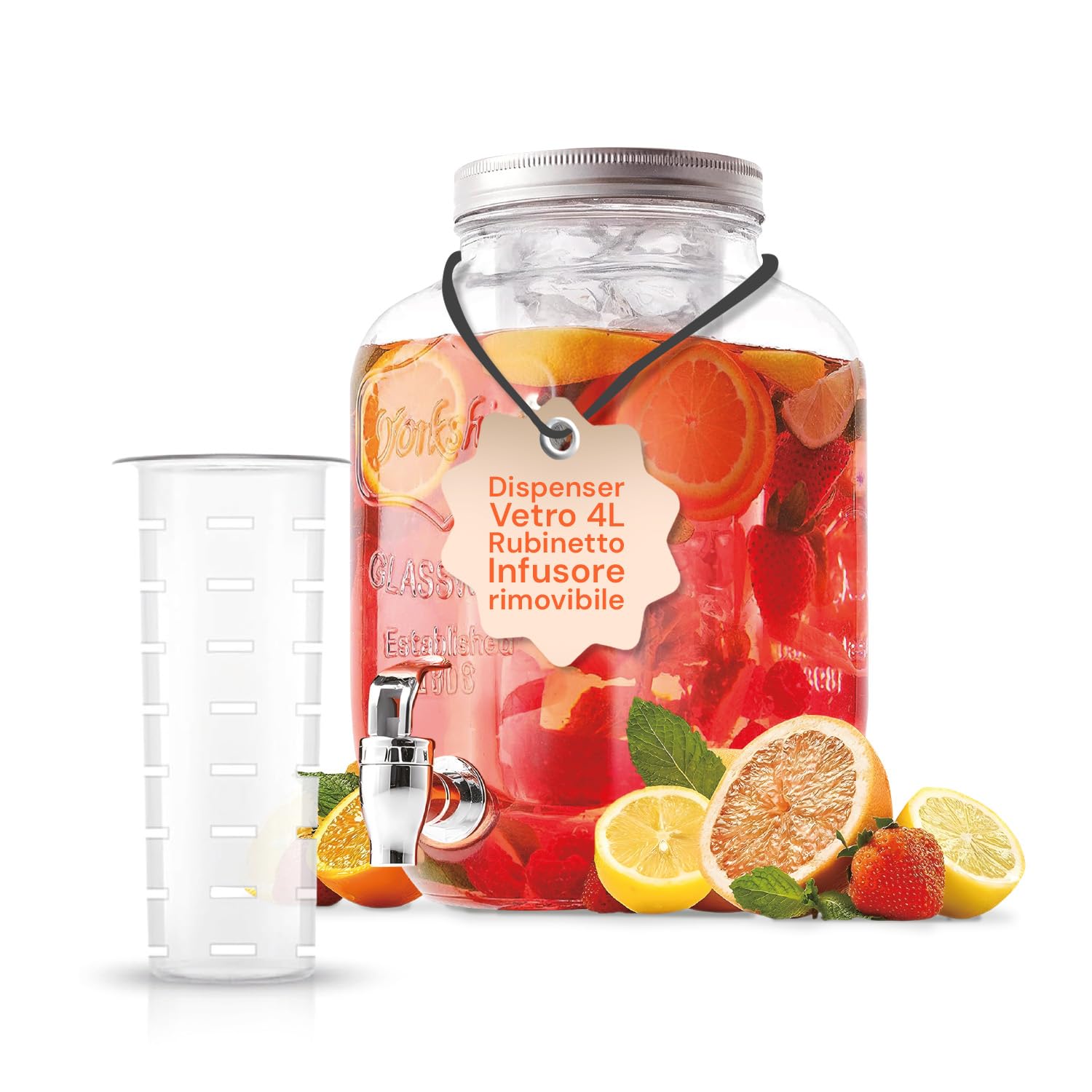 Avilia - Dispenser Bevande in Vetro 4L con Rubinetto e Infusore Integrato, Contenitore per Acqua e Succhi per Cucina e Ufficio, con Coperchio in Alluminio per Uso Quotidiano ed Eventi